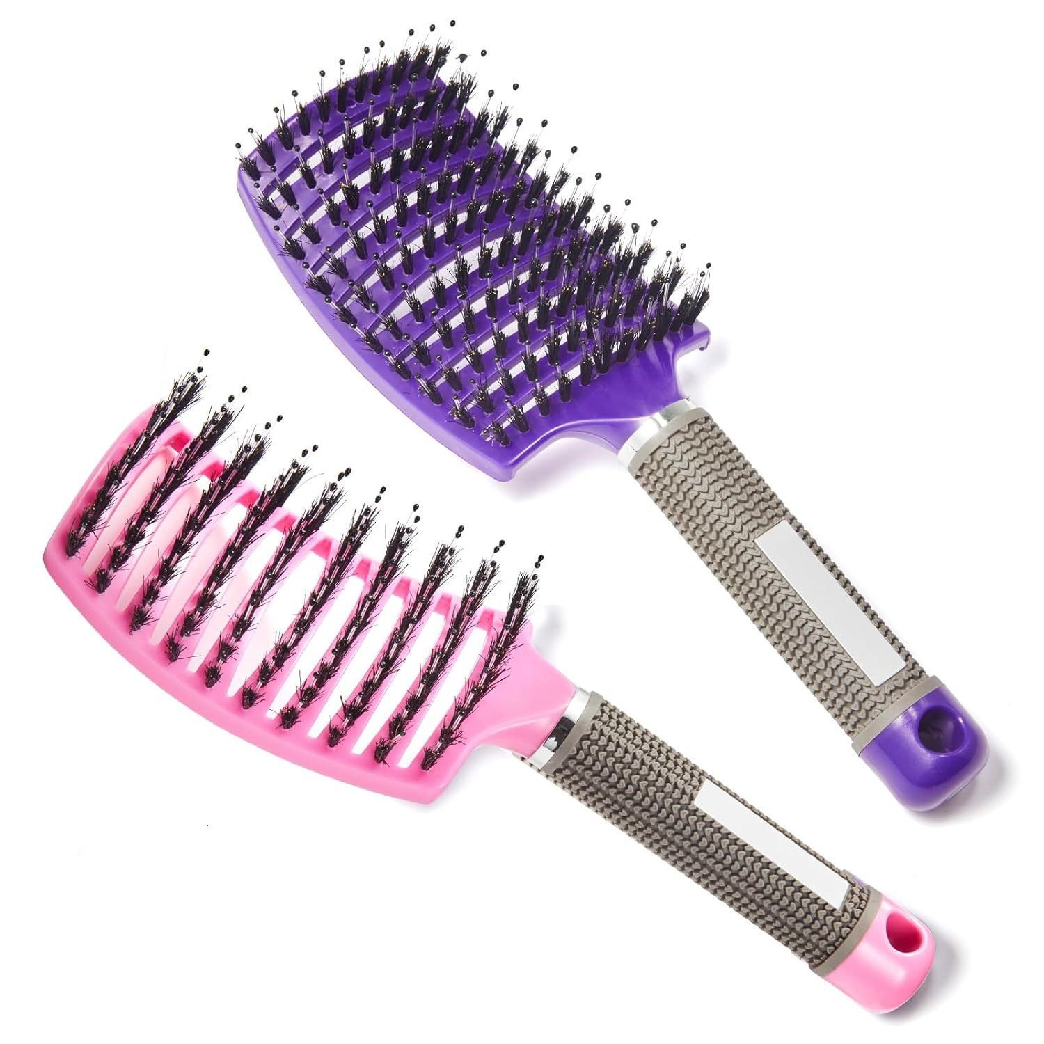 XDeer Haarbürsten-Set 2x Haarbürste ohne Ziepen Entwirrbürste mit Wildschweinborsten, gebogene und belüftete Haarbürste mit 4 Haar Klammer Rosa+lila