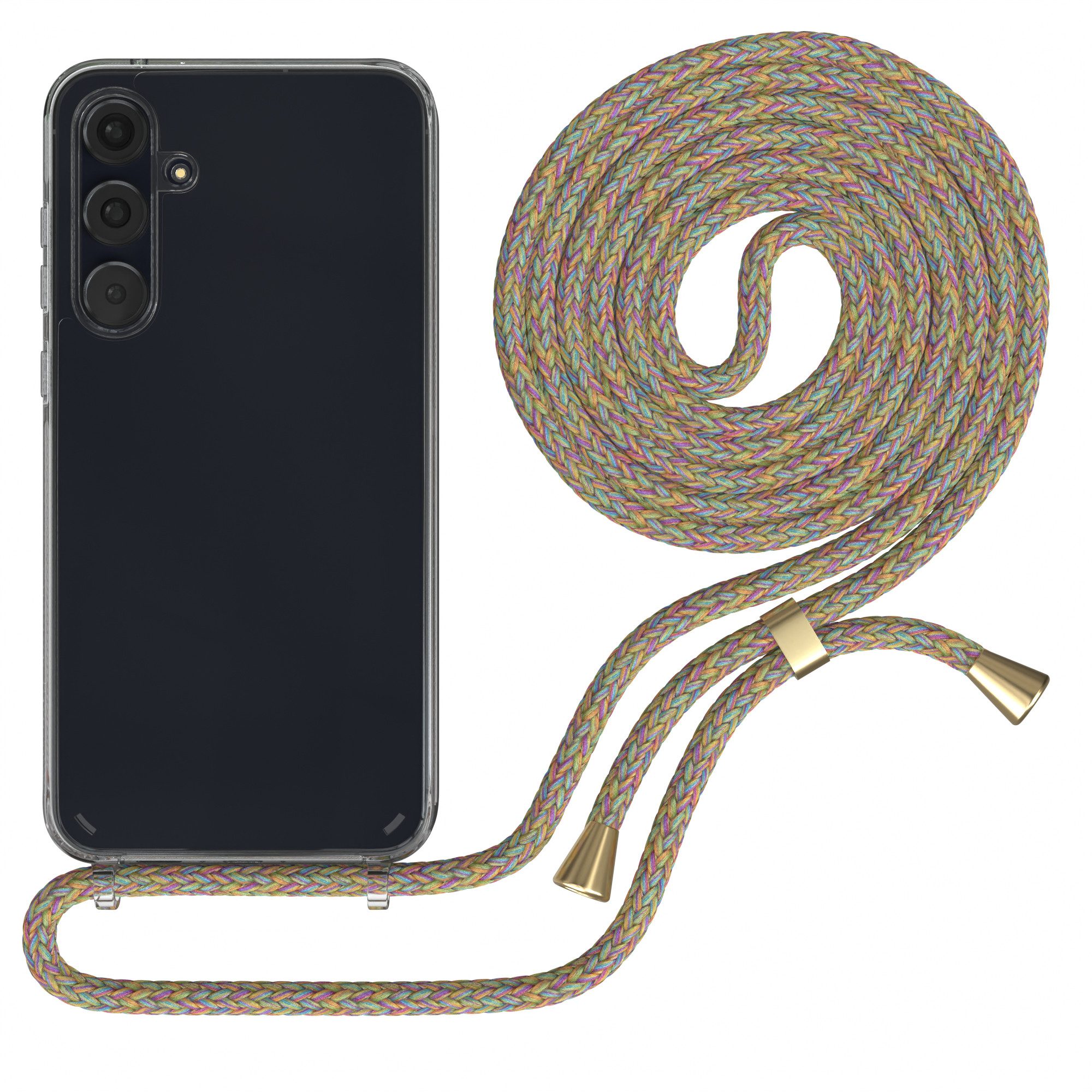 EAZY CASE Handykette Hülle mit Kette für Samsung Galaxy A55 6,6 Zoll, Ketten Hülle Schultergurt Schutz Hülle Tasche mit Band Bunt Clip Gold