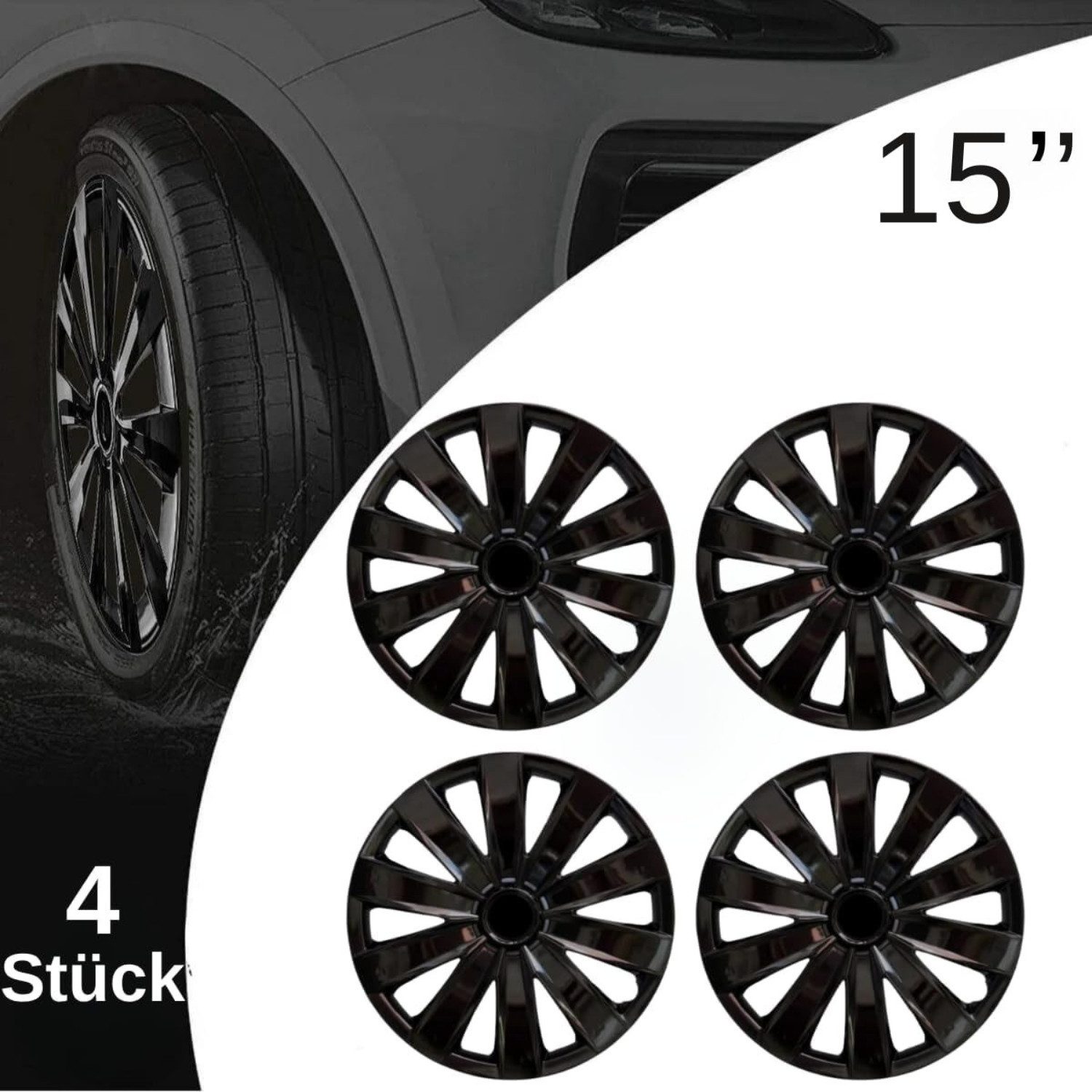 Trimak Radkappen 13-14-15-16 Zoll 4er Set Radzierblenden Silber Schwarz Schlagfest, Schwarz / 15-Zoll-Radkappen, ABS Kunststoff, Schlagfest, Hochwertig