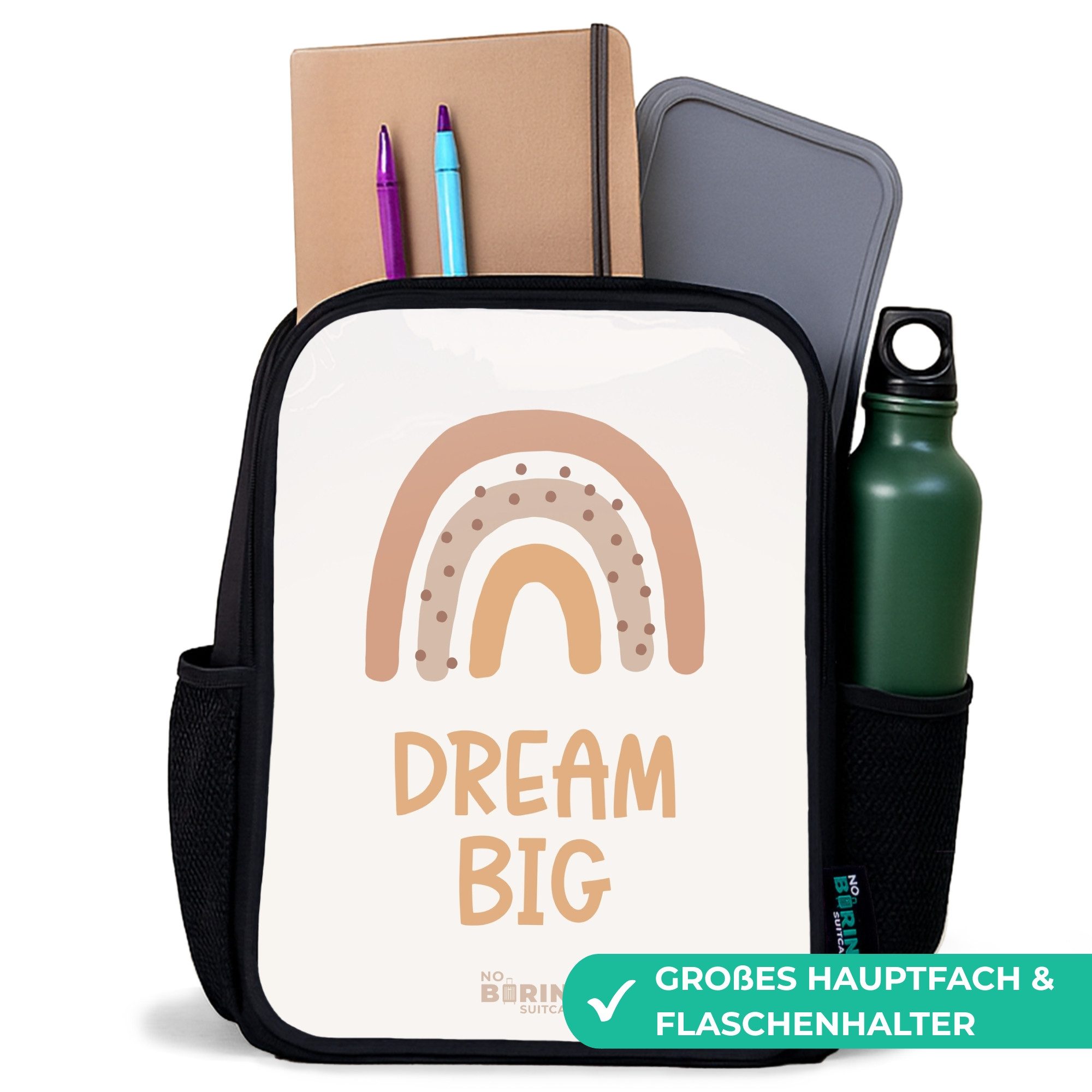 NoBoringSuitcases.com© Rucksack Regenbogen mit dem Zitat 'Dream Big', Kinderrucksack Schwarz, Schulrucksack, Freizeitrucksack Jungen Mädchen