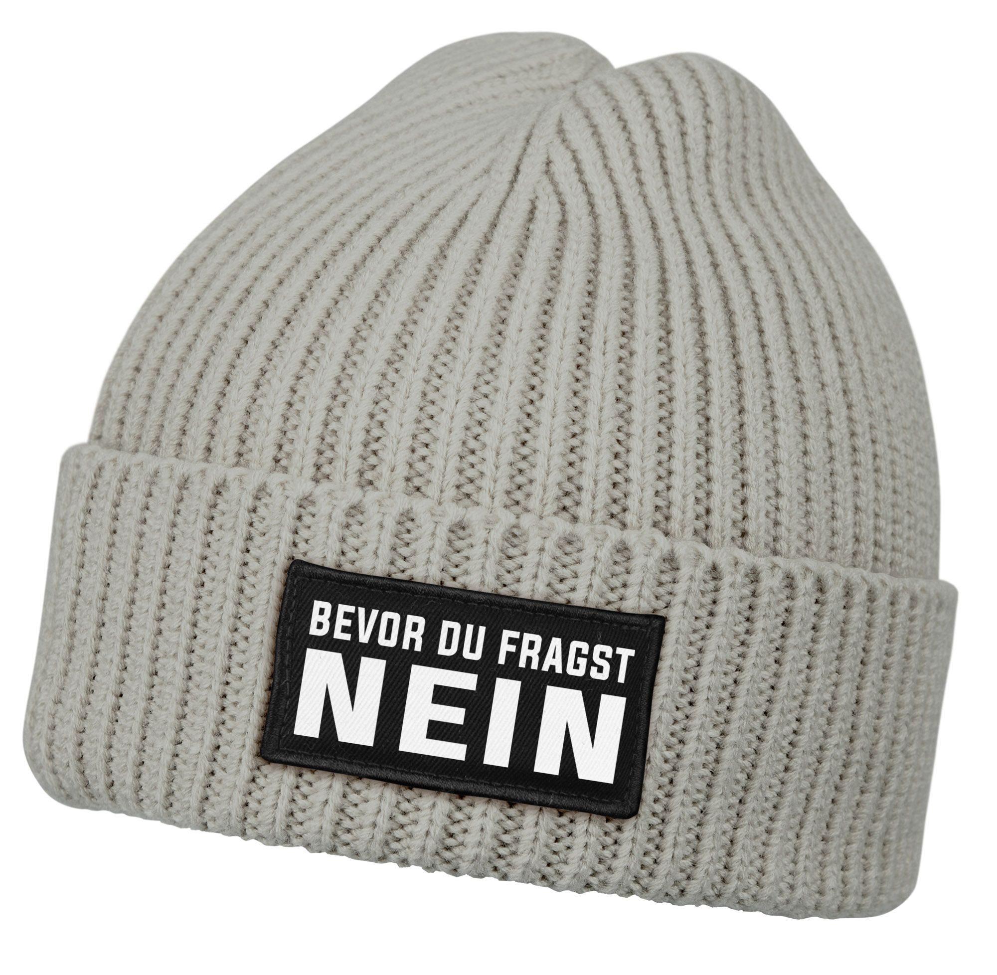 Strickmütze Herren Beanie mit Patch Strickmütze mit Spruch Bevor du fragst - Nein