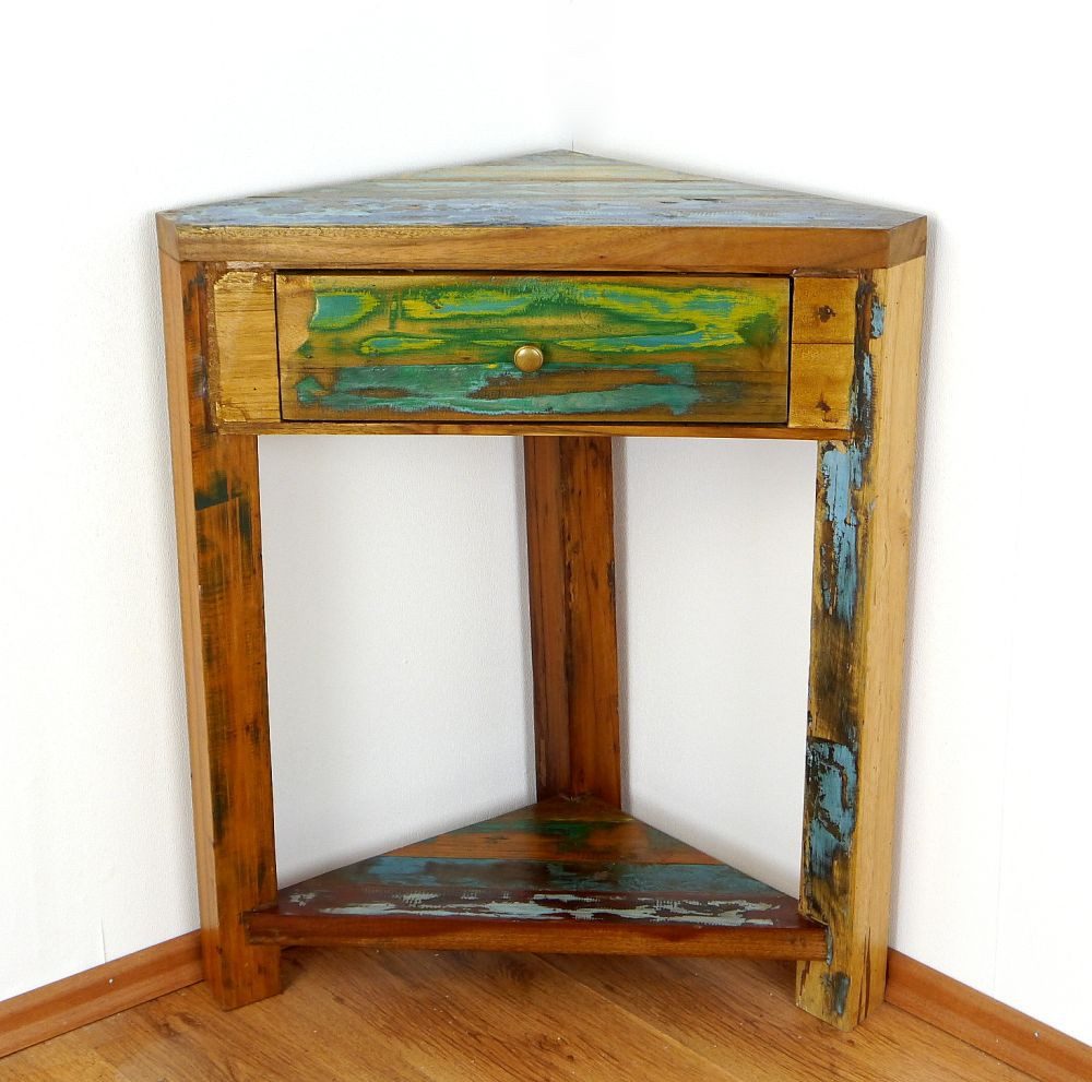 livasia Eckregal Eckschränkchen aus Java, recyceltes Teakholz bunt, 62x34x70cm