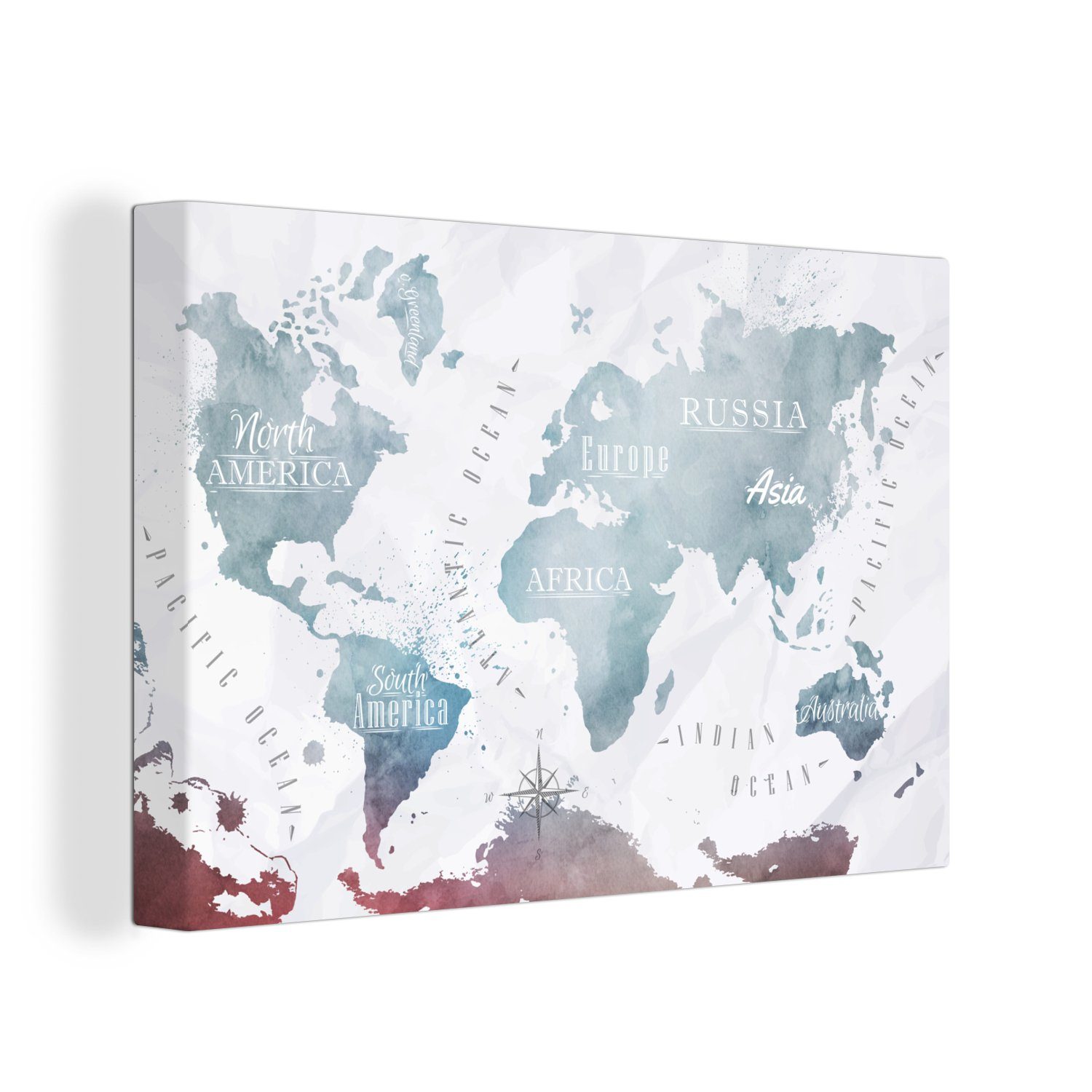 OneMillionCanvasses® Leinwandbild Weltkarte - Farbe - Topographie, (1 St), Wandbild Leinwandbilder, Aufhängefertig, Wanddeko, 30x20 cm