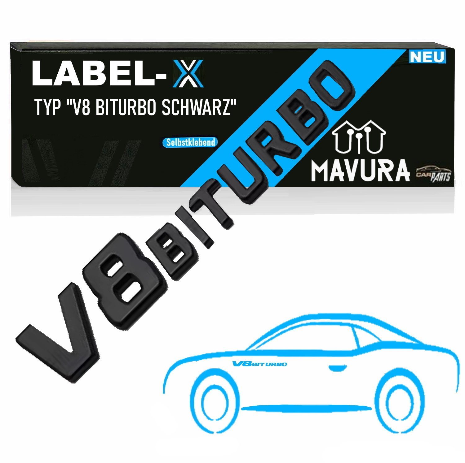 MAVURA Aufkleber LABEL-X V8 Biturbo Schriftzug 3D Emblem Schwarz Logo, G63 S63 SL63 CL63 C63 CLS63 AMG Mercedes