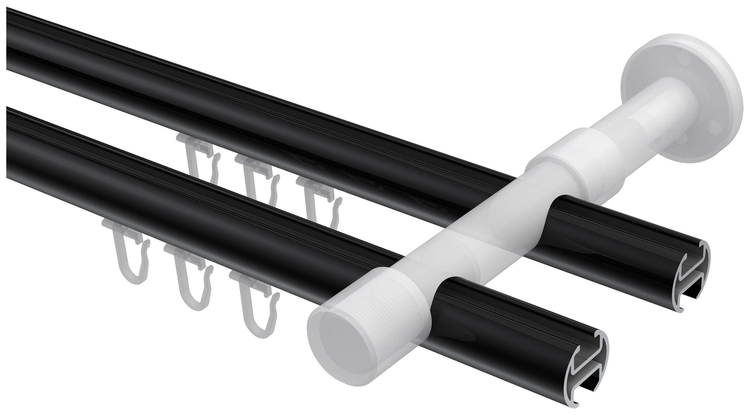 INTERDECO Innenlaufschiene Prestige Verano, Ø 20 mm, 2-läufig, Fixmaß, kürzbar, Wandmontage, Aluminium, Schwarz / Edelstahl-Optik / Bicolor