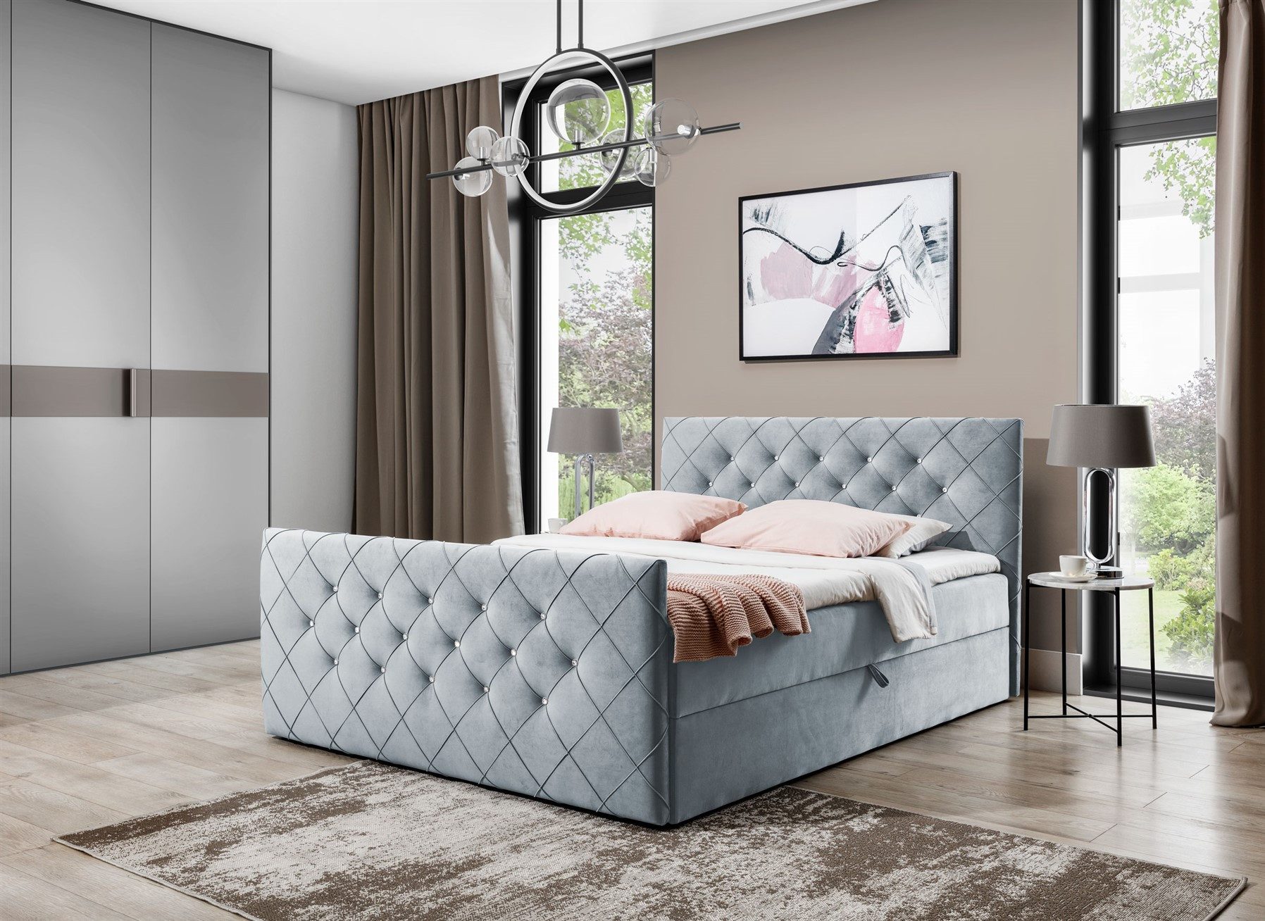 Fun Möbel Boxbett Schlafzimmerbett FUN ANDREN Stoff Magic Velvet (Kopfteil und Fußteil mit Strasssteinen besetzt, Erhältlich auch in der Überlänge 220 cm), Inkl. Bettkasten und Topper