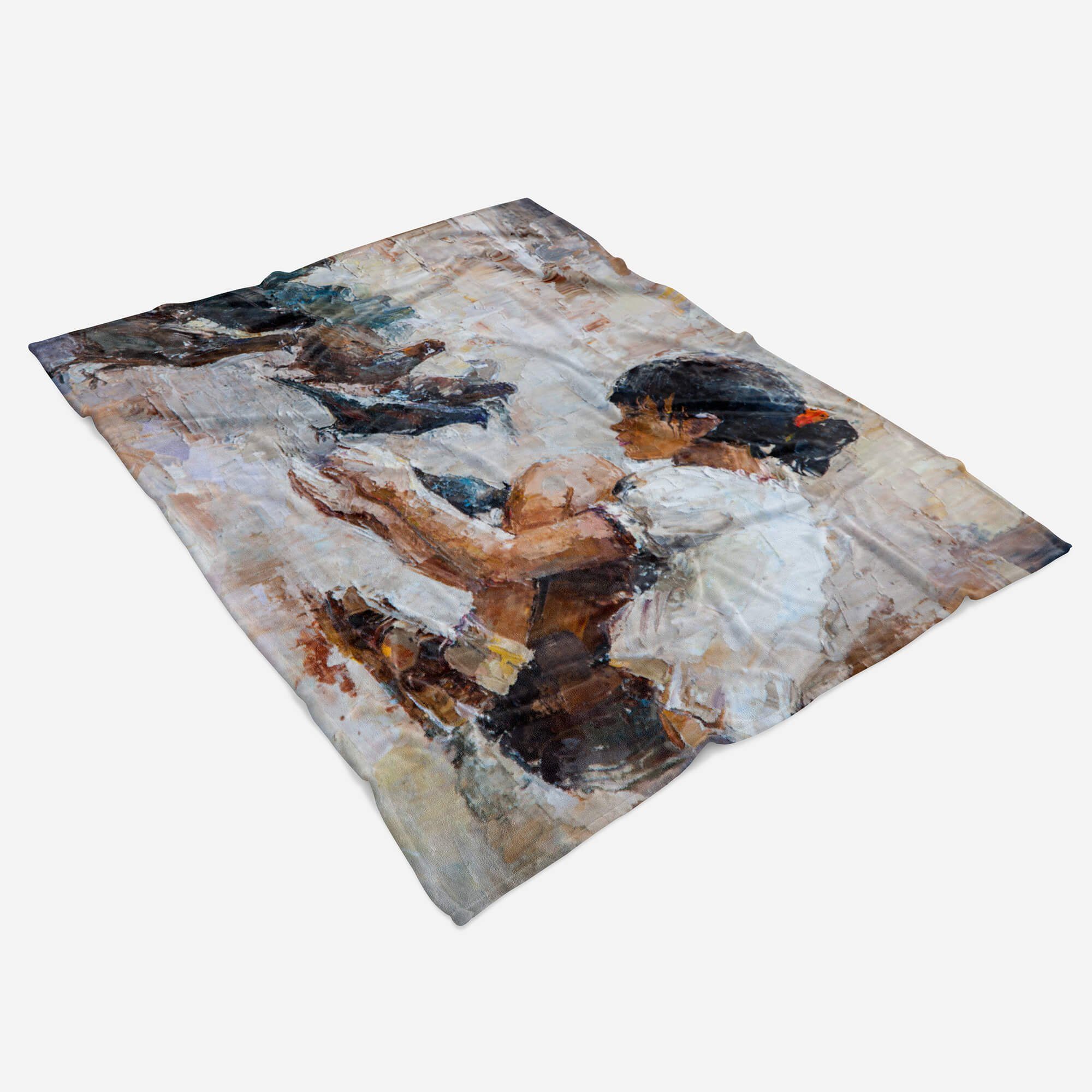 Sinus Art mit (1-St), Fotomotiv Mädchen Saunatuch Kuscheldecke Strandhandtuch mit Handtuch Baumwolle-Polyester-Mix Handtuch Handtücher Tauben