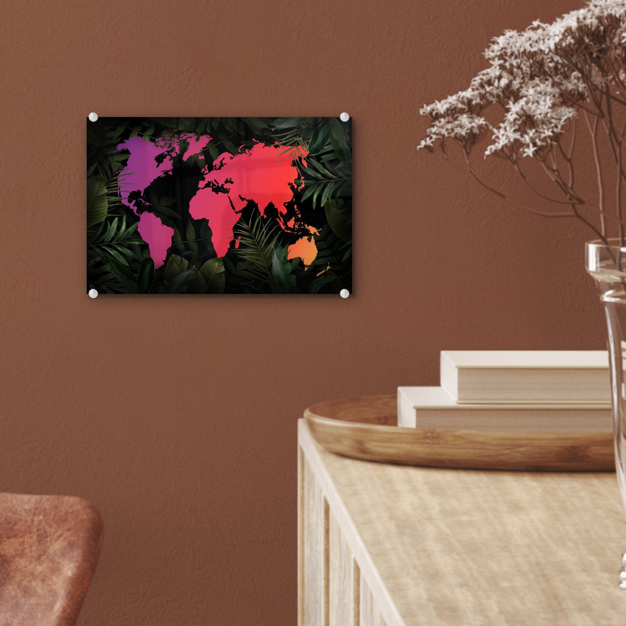 MuchoWow Acrylglasbild Weltkarte - Bilder Glas Foto (1 - Glas Farben St), Glasbilder - Wanddekoration Wandbild - - auf Pflanzen, auf