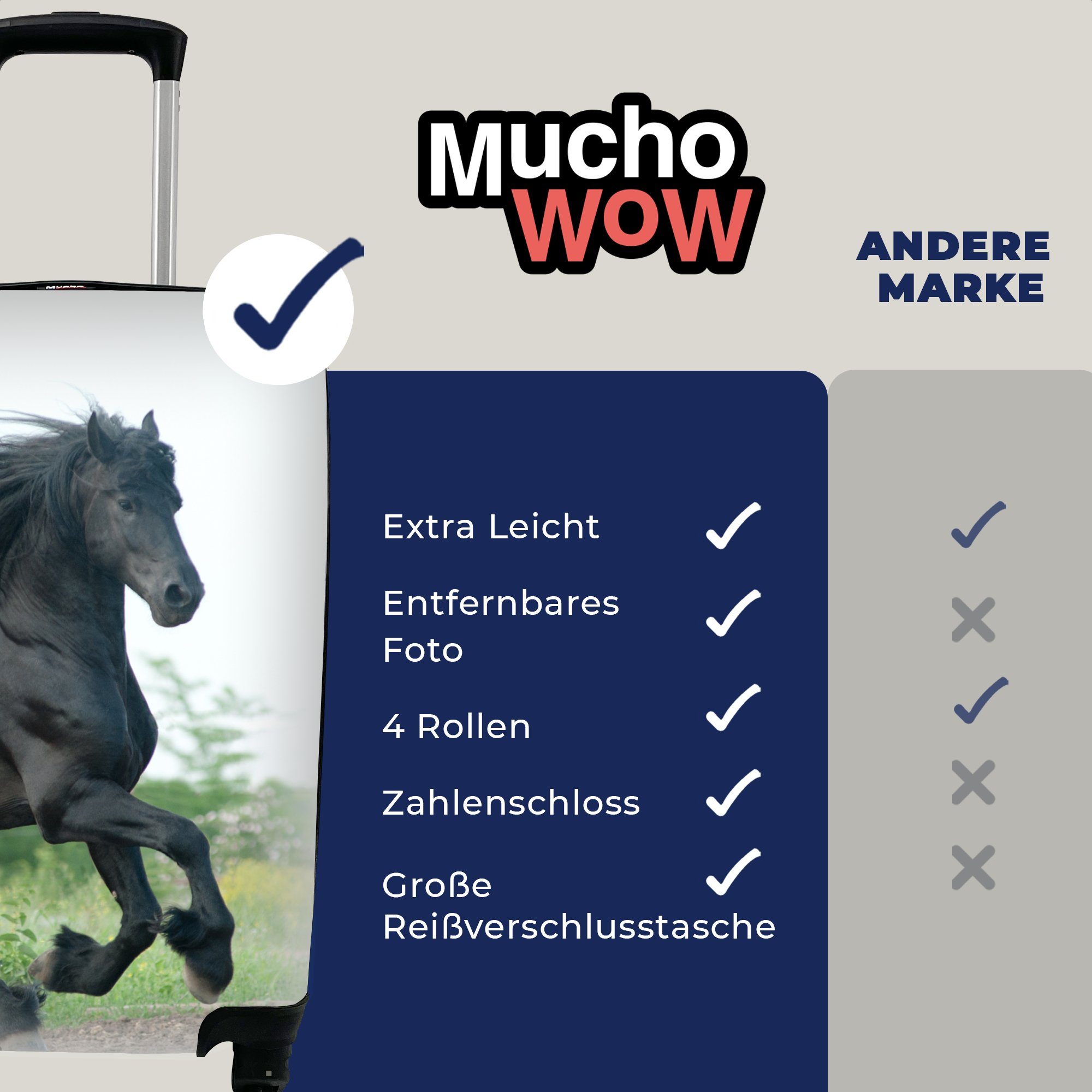 Ferien, mit Reisekoffer Handgepäck 4 Pferd Rollen, rollen, Handgepäckkoffer Schwarz Natur, Reisetasche Trolley, für - - MuchoWow
