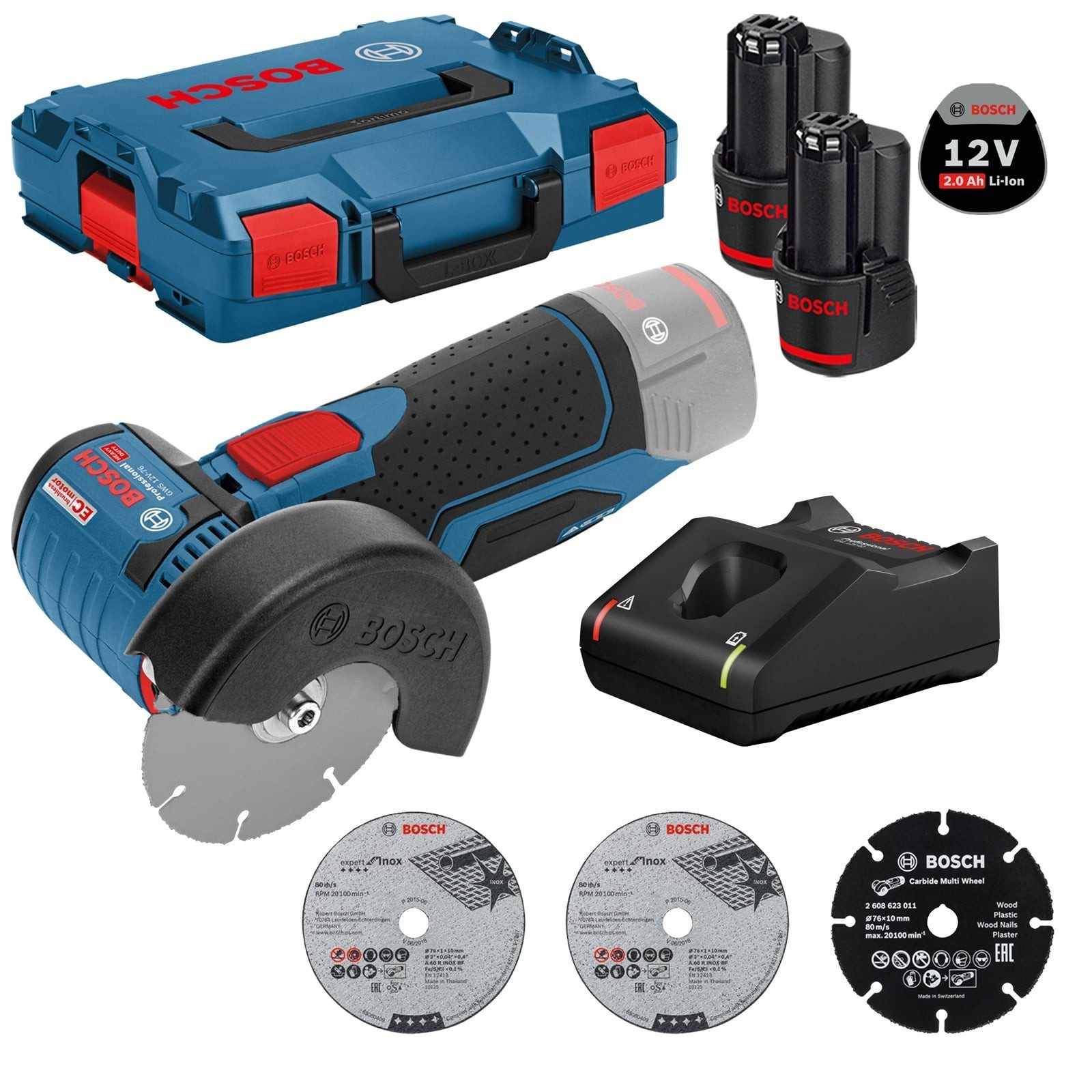 BOSCH Akku-Winkelschleifer Bosch Akku-Winkelschleifer GWS 12V-76 Ø 76 mm / 2x 2,0 Ah Akku + Ladeg