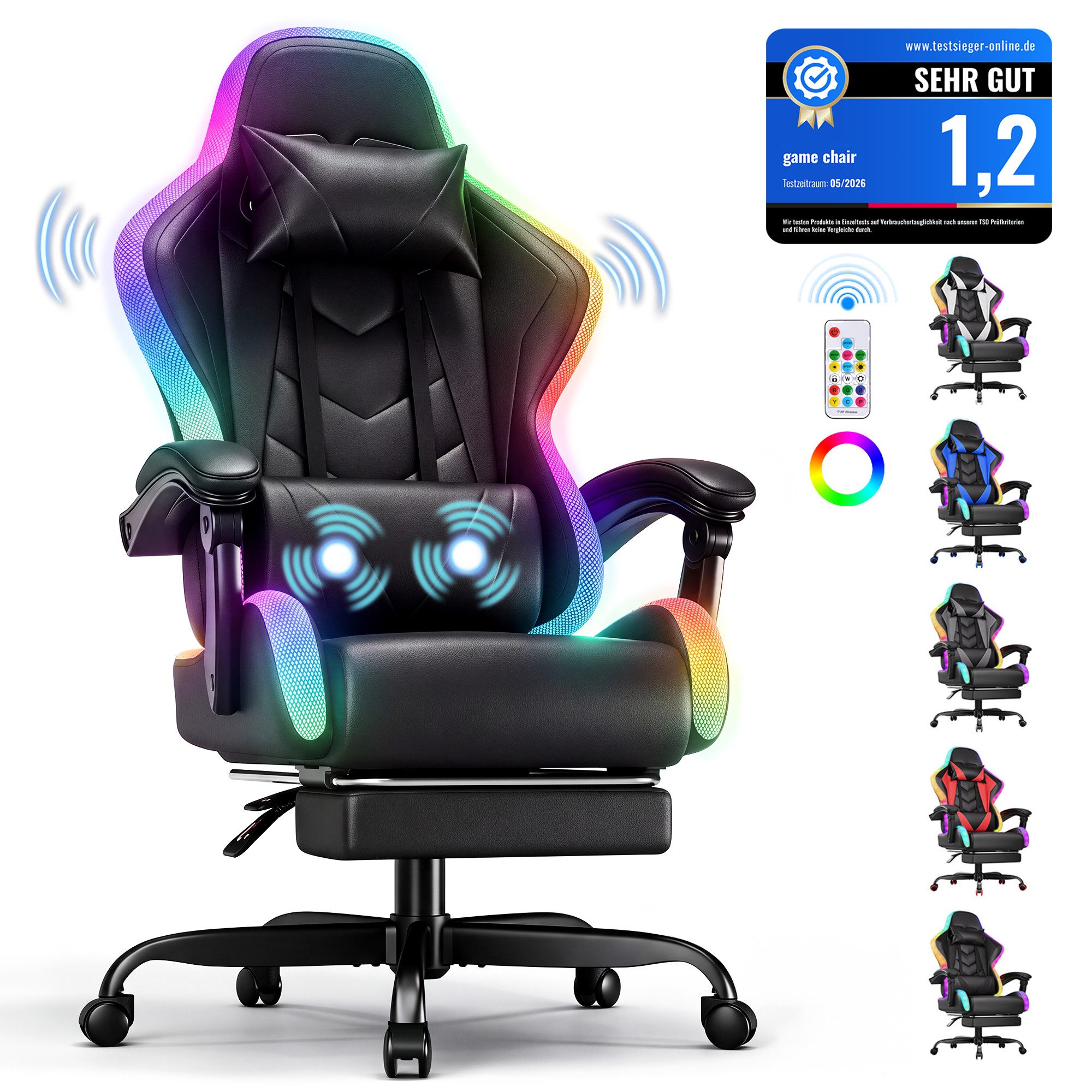 HOMALL Gaming-Stuhl mit LED,Ergonomisch,Fußstütze,computerstuhl,gaming stuhl mit massage (Die LED-Beleuchtung ist einstellbar, das Massagekissen für den Rücken ist beweglich), Ergonomischer Bürostuhl,Kopfstütze und Lendenstütze
