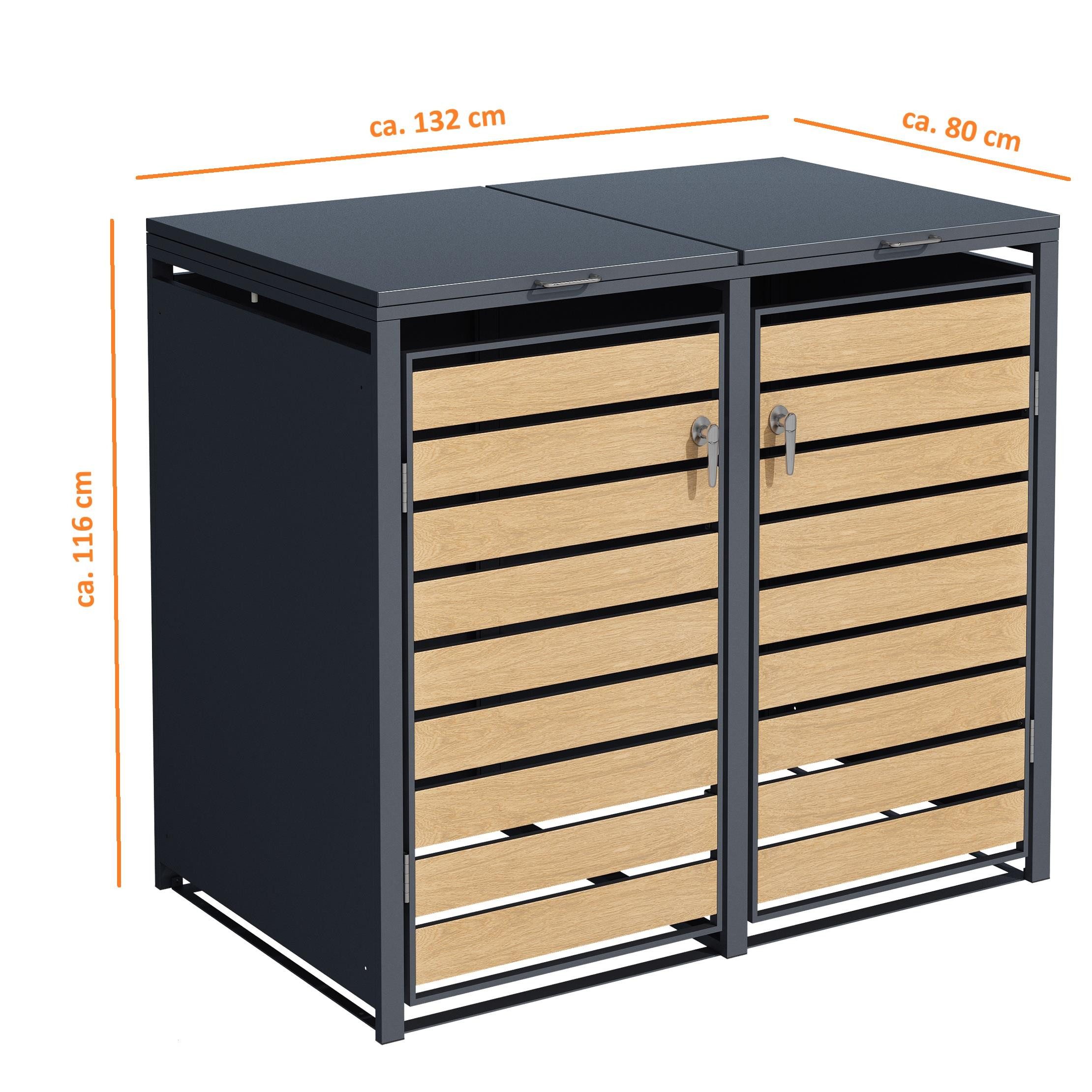 ESTEXO Mülltonnenbox Müllbox Mülltonnenverkleidung 2 Türen Box Anthrazit mit Holzdekor