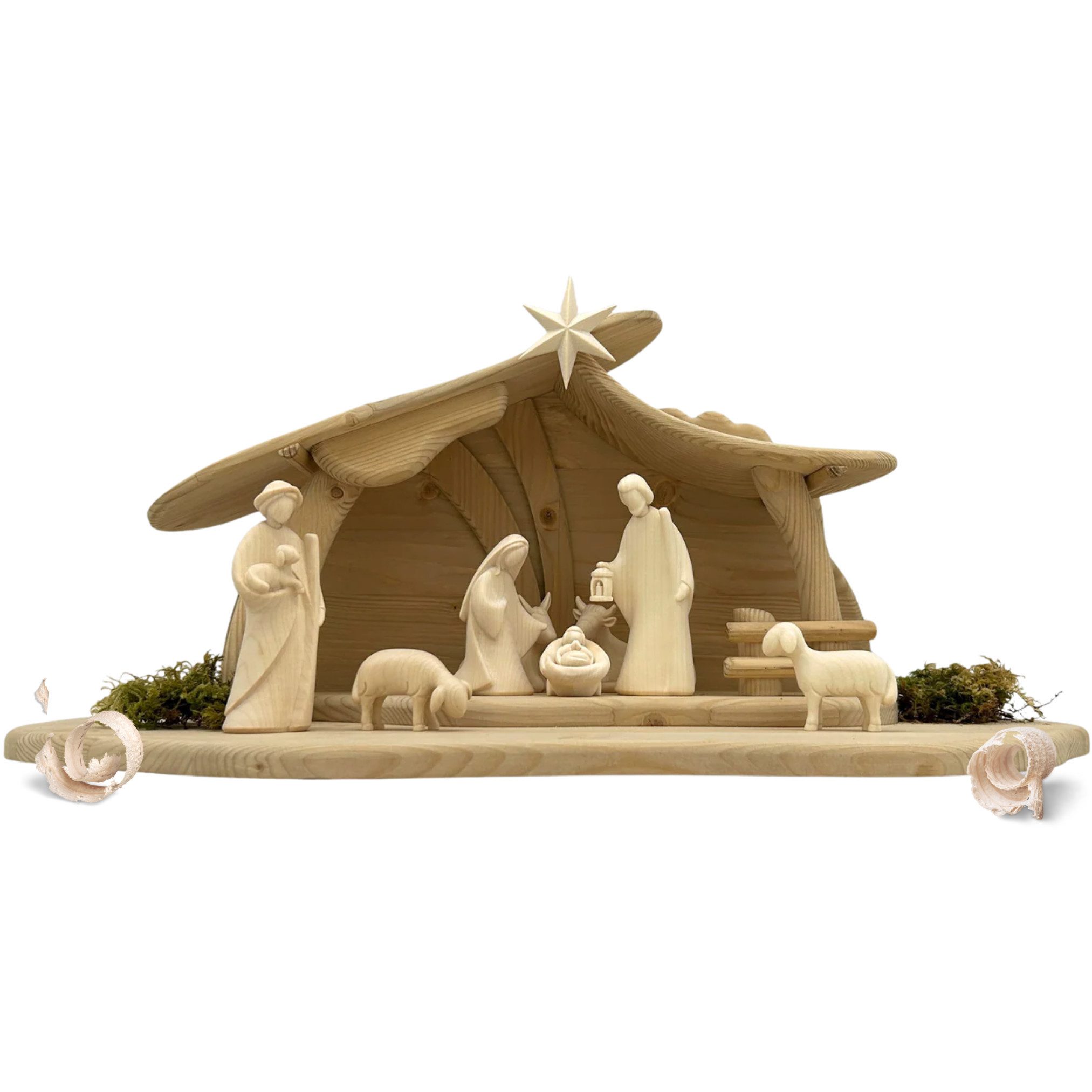 Akantus Krippe Weihnachtskrippe aus Holz: 8-teiliges Figuren Set (bemalt) mit Stall, holzgeschnitzt, Ahornholz, Made in Südtirol