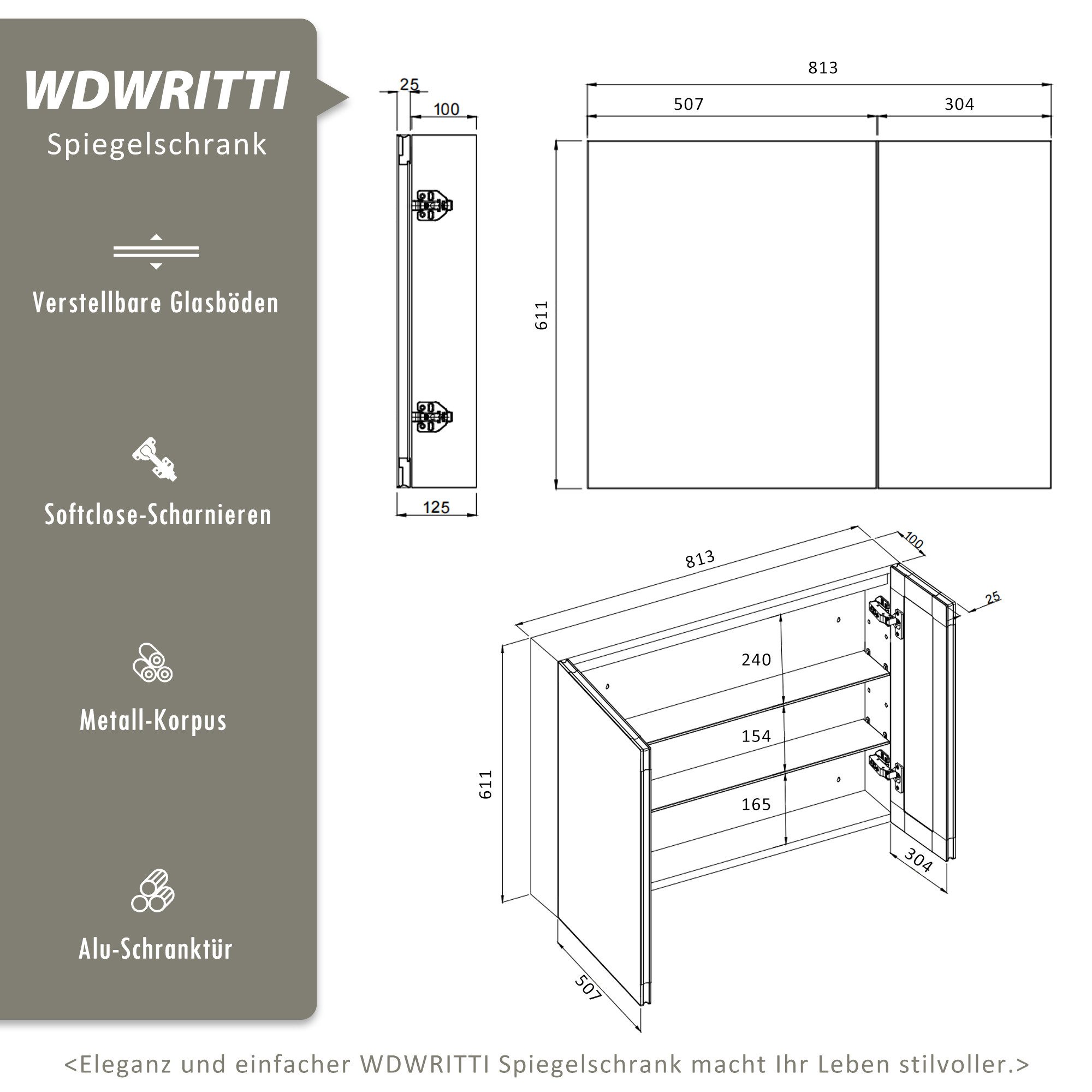 WDWRITTI Spiegelschrank Alu Metall Badezimmerspiegelschrank 2 türig Eckig (Badschrank Hängeschrank Schwarz, 81,3 x 12,5 x 61,1 cm) vormontiert geliefert, Wandbohrungen