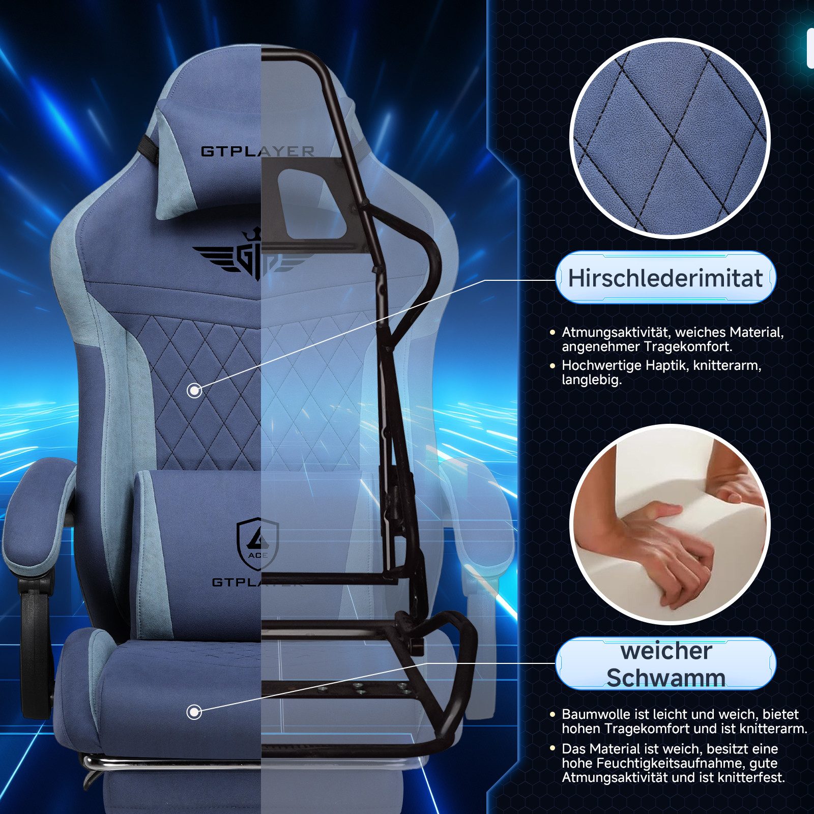 GTPLAYER Gaming-Stuhl Stoff Gaming Chair Ergonomisch Bürostuh PC Stuhl, 150kg Belastbarkeit, Schreibtischstuh mit Federsitzkissen und Fußstütze – Bild 4 von 5