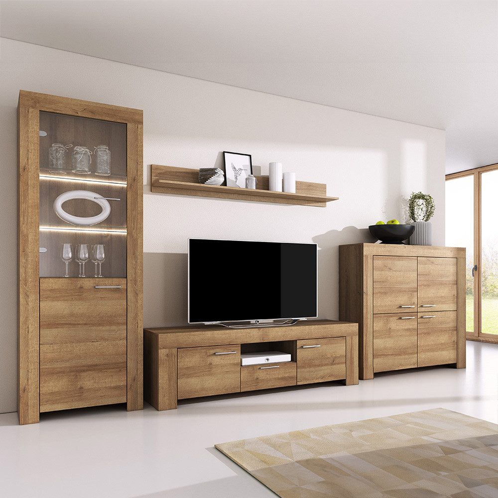 Lomadox Wohnwand STEGNA-160, (4-St., Vitrine Lowboard Wandboard Highboard), Eiche Nb., mit Beleuchtung, Softclose Türen
