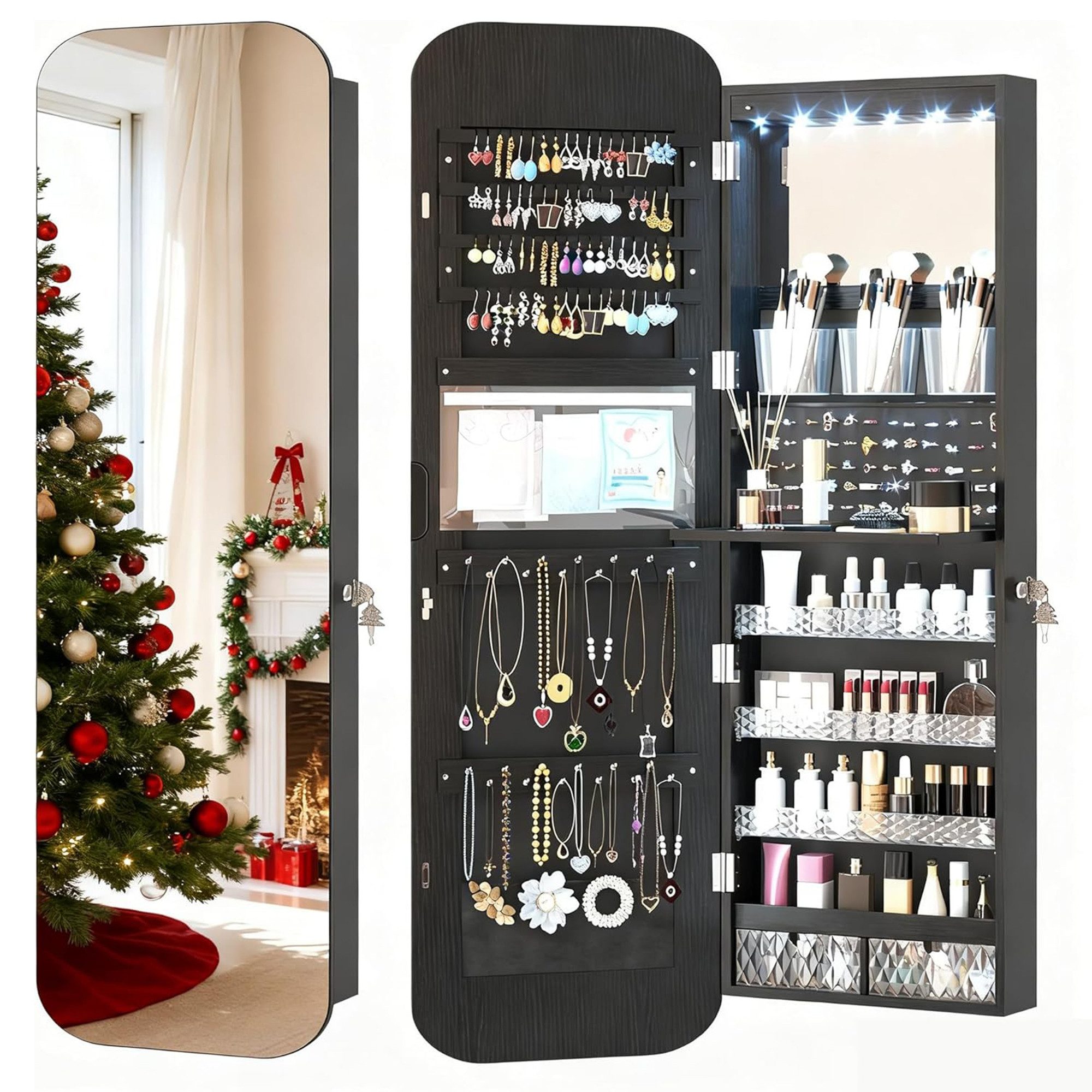 LVSOMT Schmuckschrank LED Ovaler Hängeschrank, Abschließbarer Türspiegel/Wandspiegel mit Beleuchtung, Gewölbter Spiegelschrank in Schwarz