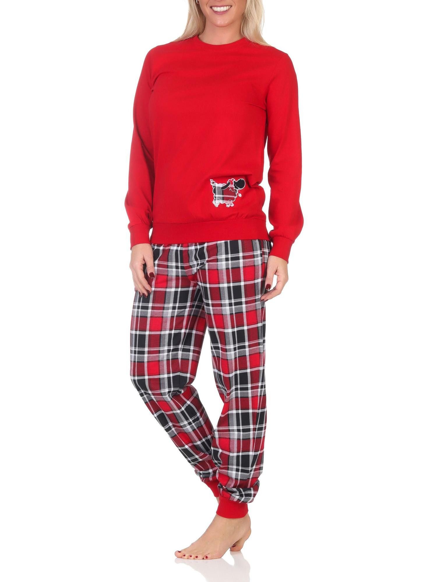 Normann Pyjama Damen Schlafanzug mit Bündchen mit Karohose und niedlichen Tiermotiv – Bild 3 von 4