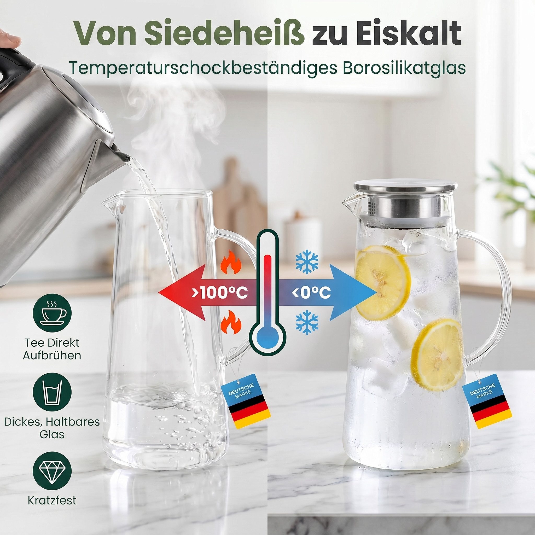 Dimono Wasserkaraffe Dimono Wasserkaraffe 1,5L – Glas Wasserkrug mit Edelstahlfilter, (1,5 Liter, Glas-Krug), Getränkekaraffe für heißes & kaltes Wasser