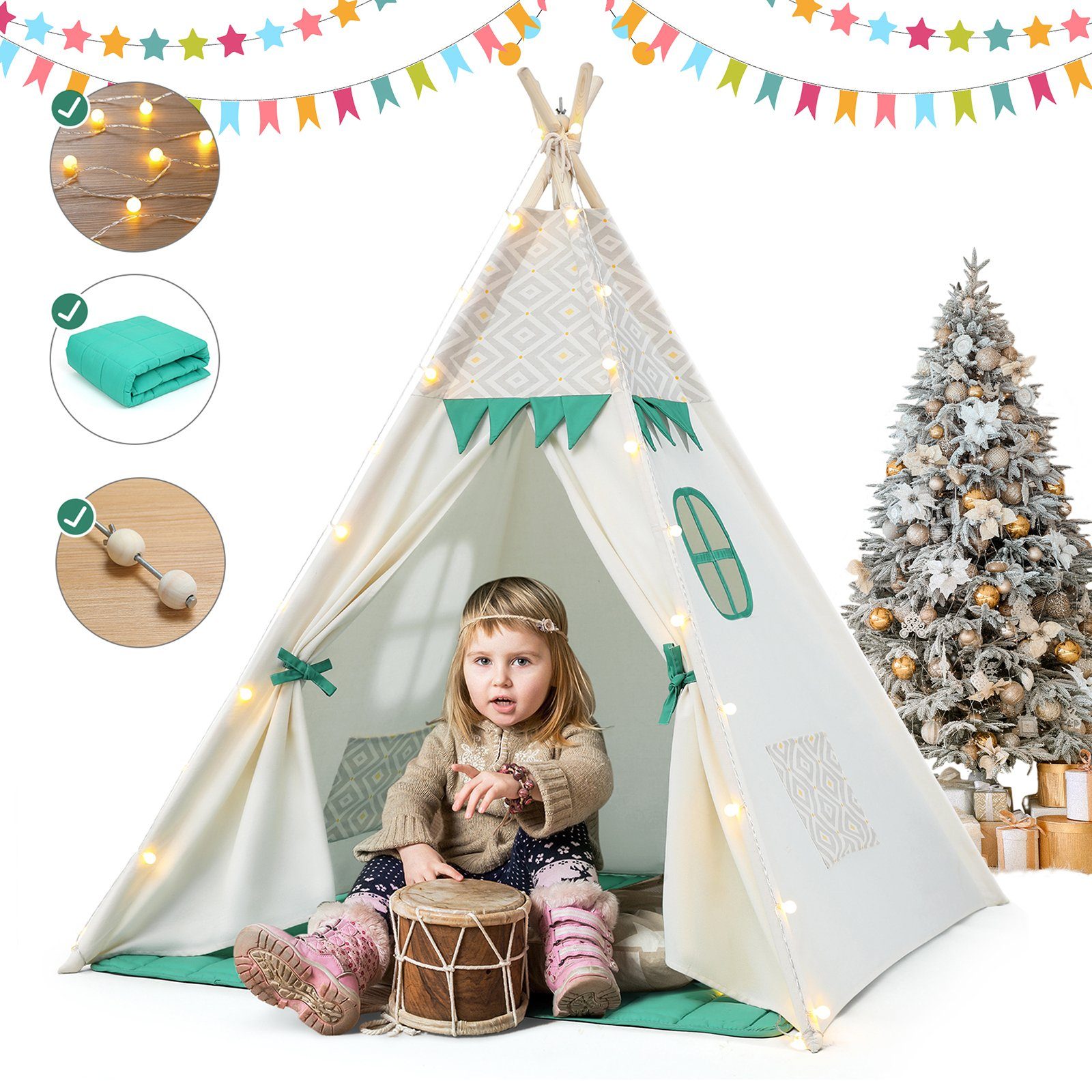 besrey Spielzelt Tipi Matte&LED Spielzelt rosa Zelt für Kinder mit grün 120*120*150cm