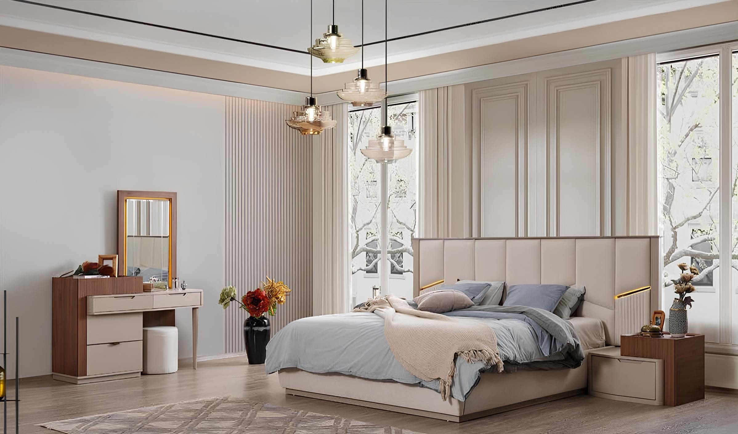 Schlafzimmer-Set Beige Schlafzimmer Garnitur Luxuriöse Polsterbetten Nachttische