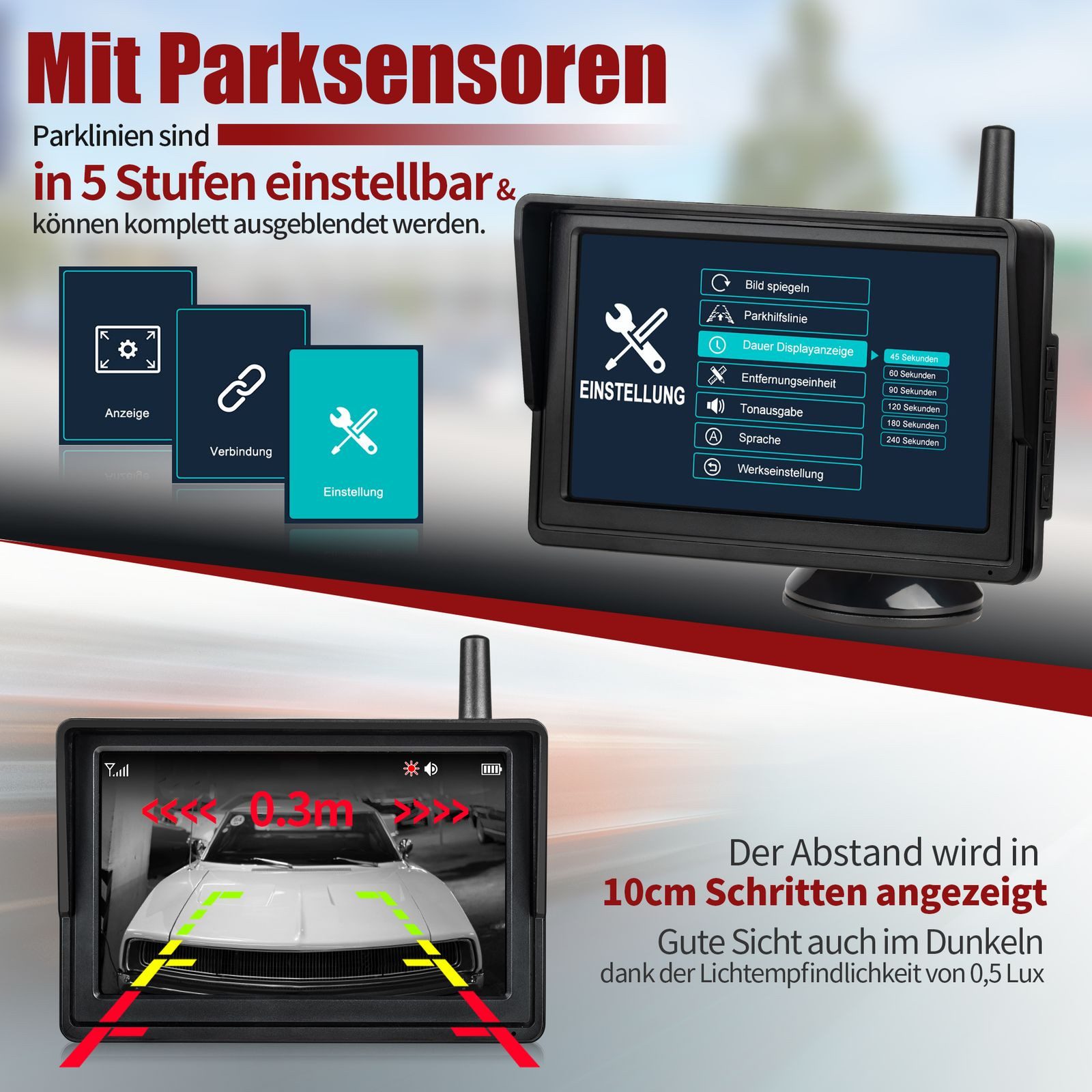 CARMATRIX Premium Solar 2 HD Funk Auto Rückfahrsystem mit 2 PDC Einparksensoren Rückfahrkamera (Auto Funk Video Solar Rückfahrsystem Nummernschild Kennzeichenha – Bild 2 von 5