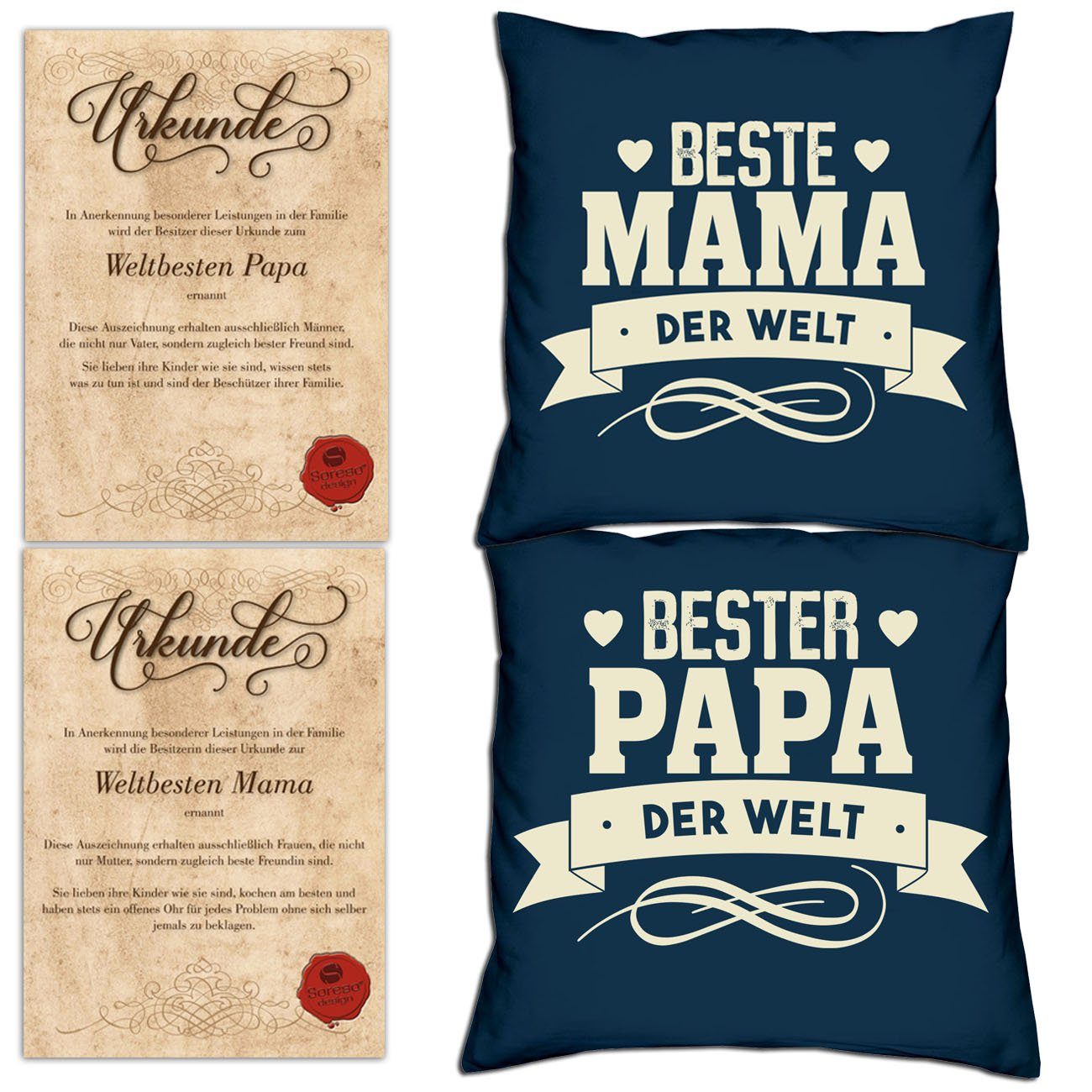 Soreso® Dekokissen Kissen-Set Bester Papa der Welt Beste Mama der Welt mit Urkunden, Weihnachtsgeschenk für Eltern navy-blau