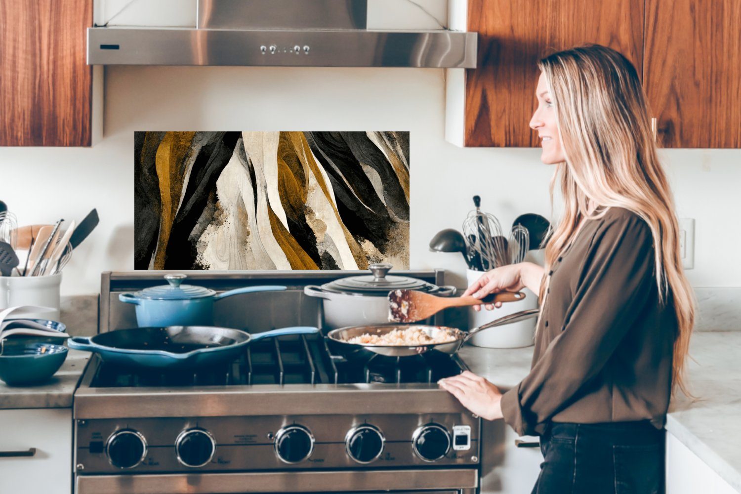 und cm, (1-tlg), Wandschutz, Schmutzflecken Küchen Braun MuchoWow Fett - Farbe gegen Landschaft für Küchenrückwand Schwarz, - 60x30 -