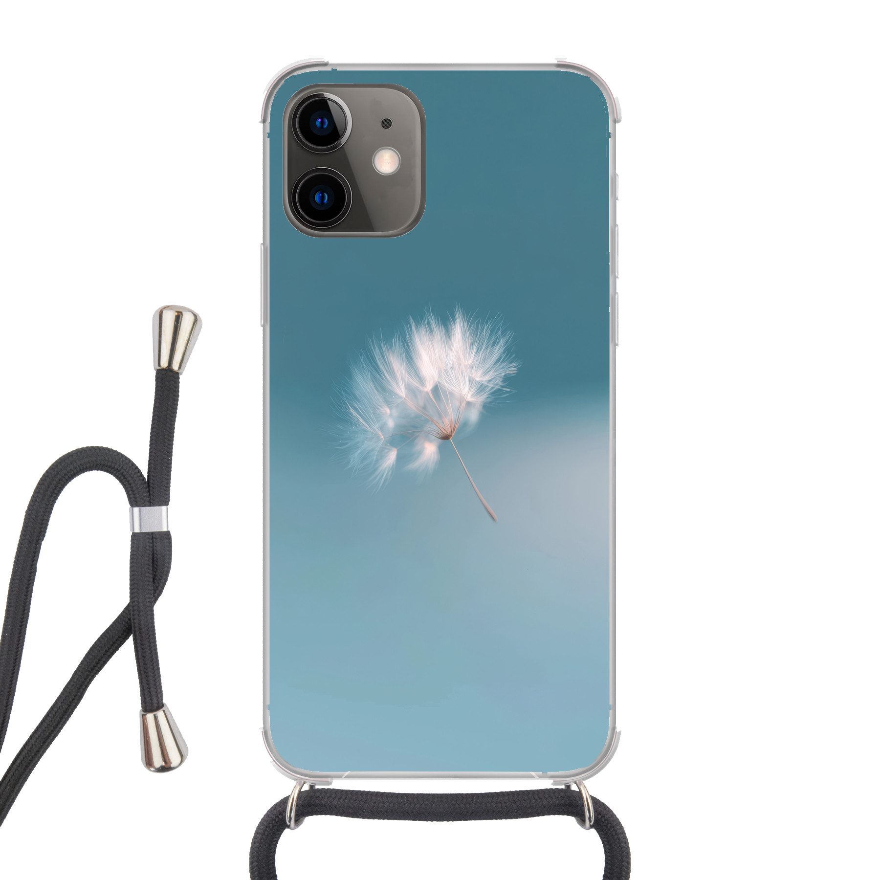 MuchoWow Handyhülle für Apple iPhone 12 Löwenzahnflaum - Blau - Luft, Tragbare Handyhüllen mit Kette zum umhängen, Handykette Handyband