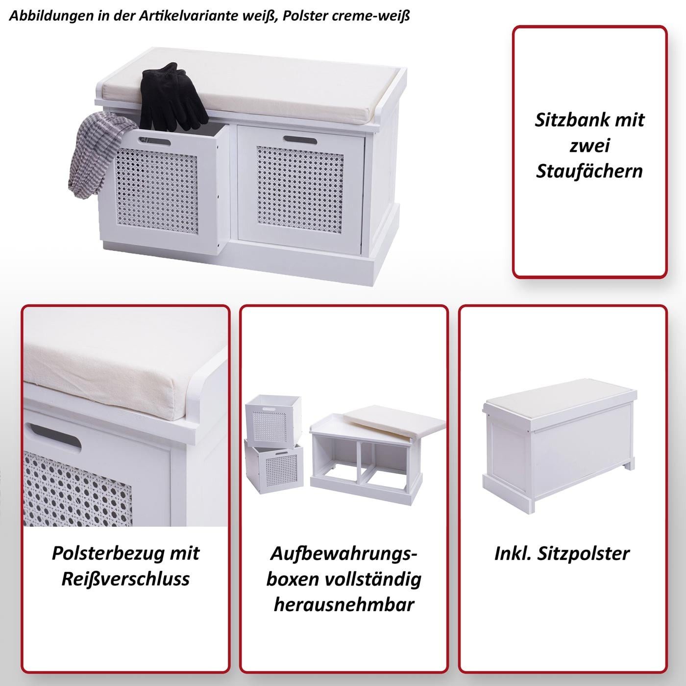 MCW Polsterbank MCW-J49 (3-St), Inkl. Sitzpolster, zwei Staufächern, Aufbewahrungsboxen herausnehmbar
