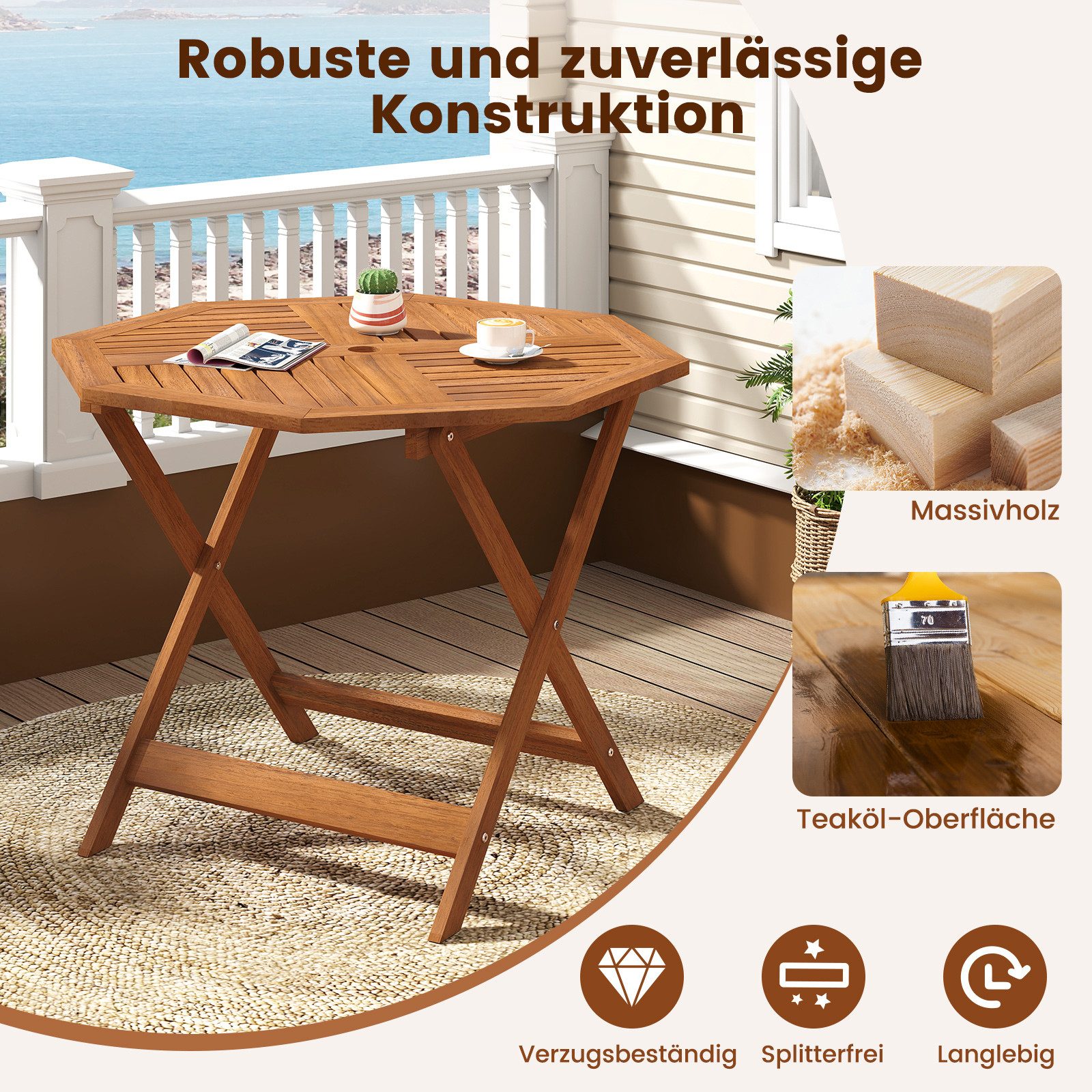 COSTWAY Gartentisch, 90cm Balkontisch mit Schirmloch, achteckiger Holztisch