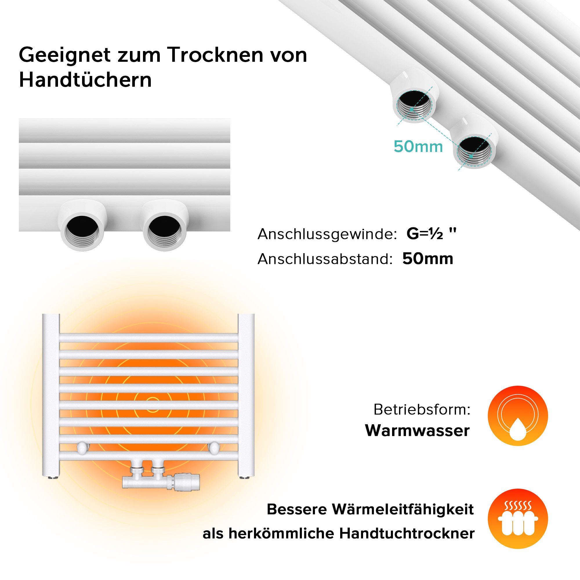 doporro Badheizkörper Mittelanschluss Seitenanschss Handtuchwärmer Röhrenheizkörper RHE, sehr angenehme Strahlungswärme – Bild 5 von 5