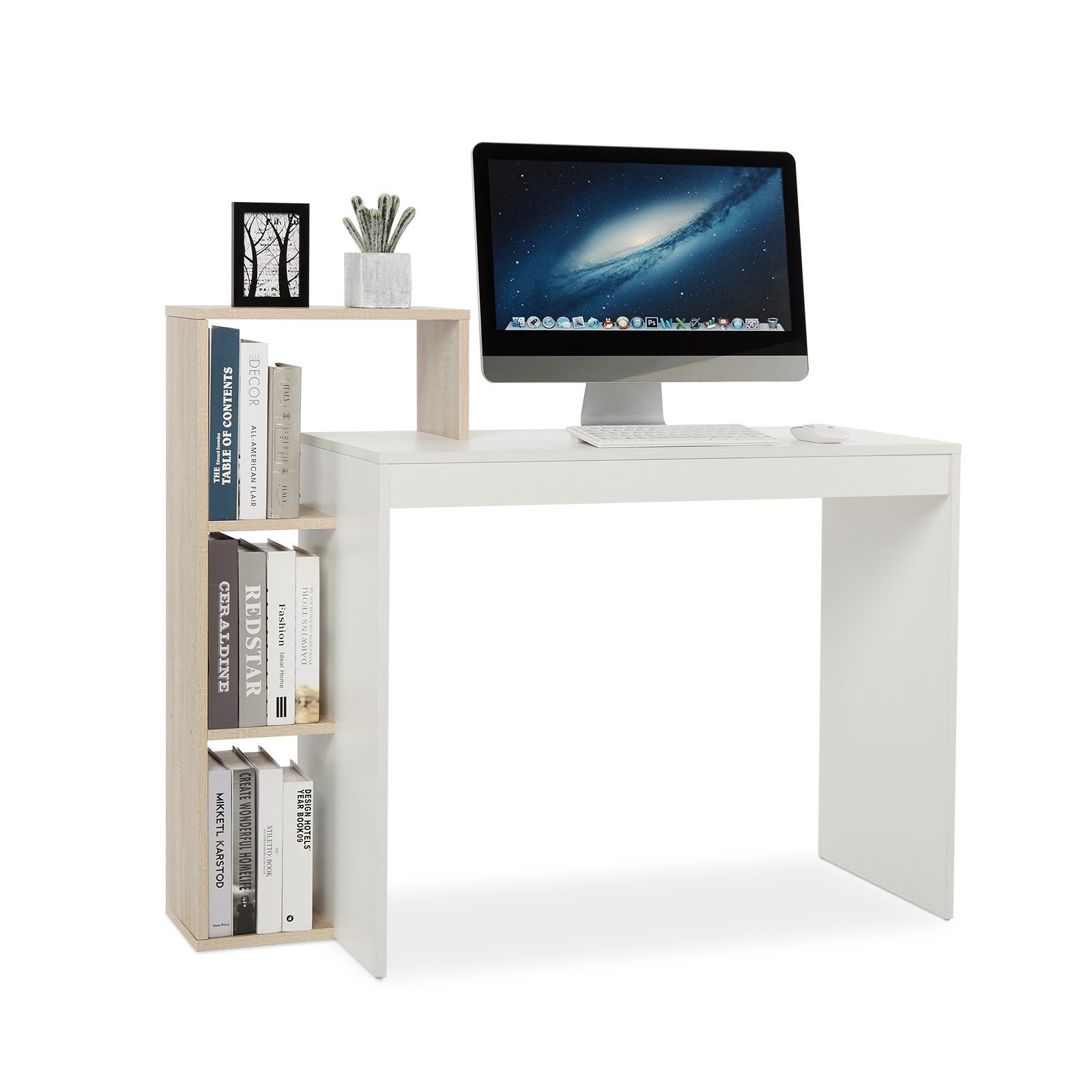 Mondeer Schreibtisch Computertisch, mit Ablagefach, Weiß+Natur