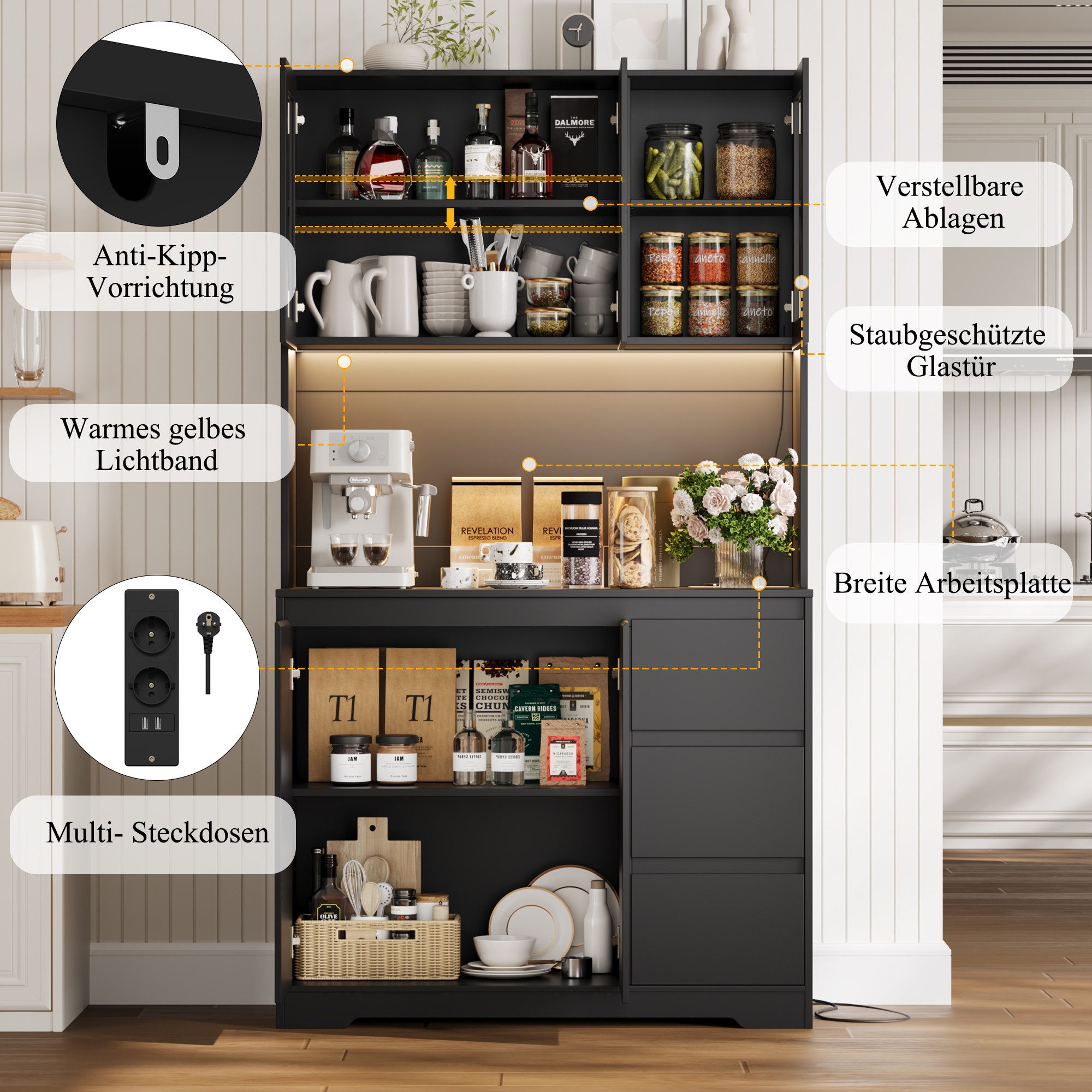 Homfa Küchenbuffet Küchenschrank Buffetschrank mit LED Sideboard schwarz mit Steckdosenleiste & Arbeitsplatte 180x100x38,5cm