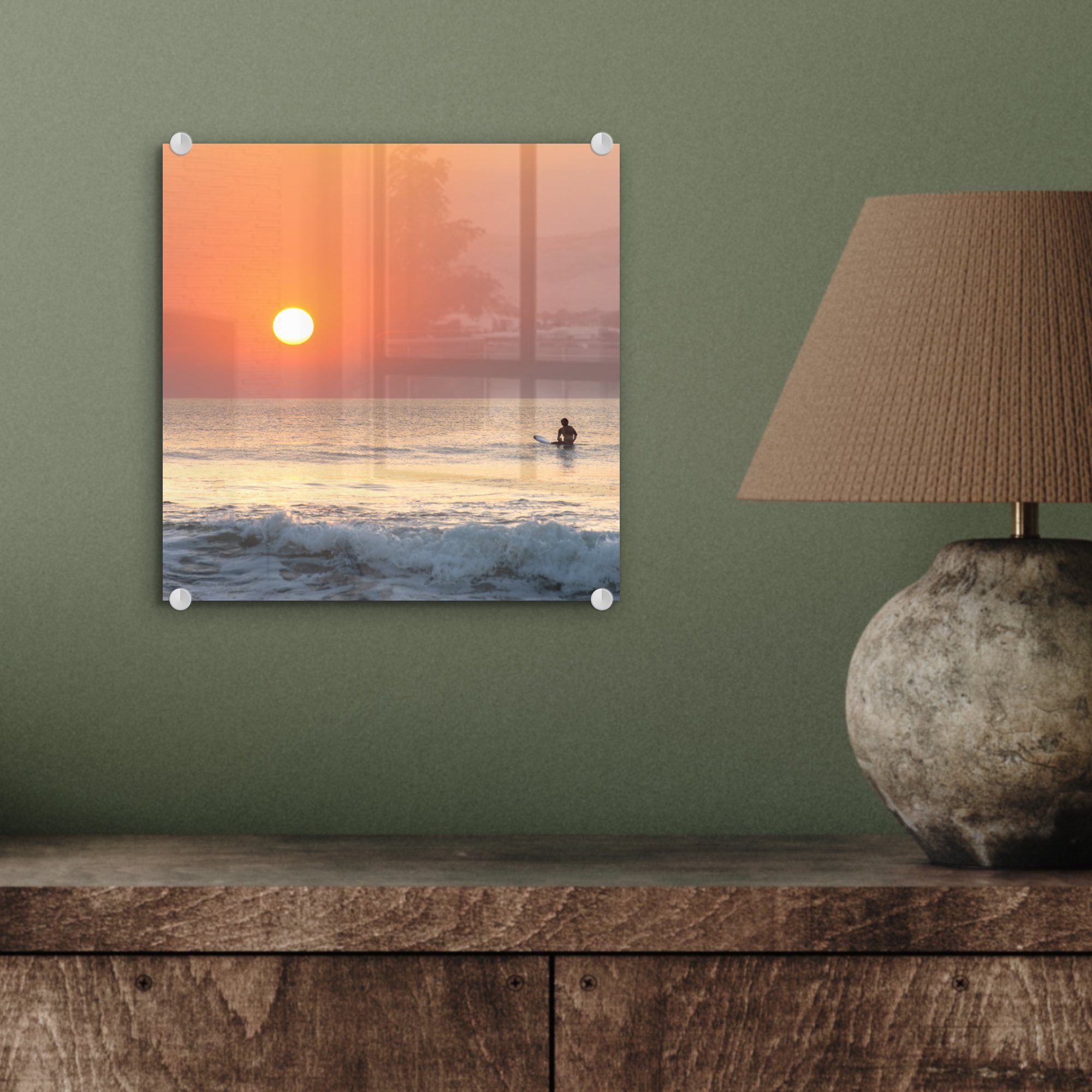 Glas Surfen Wanddekoration Meer Bilder auf Wandbild Sonne, Glas - Glasbilder - - St), - Acrylglasbild auf MuchoWow Foto (1 -