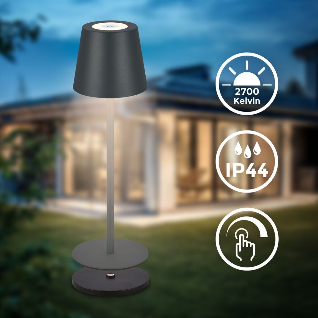 B.K.Licht Tischleuchte BKL1620, Dimmfunktion, LED fest integriert, 2700K - Extra-Warmweiß, LED Tischlampe kabellos 36x12cm Anthrazit 3W Wohnzimmer Schlafzimmer