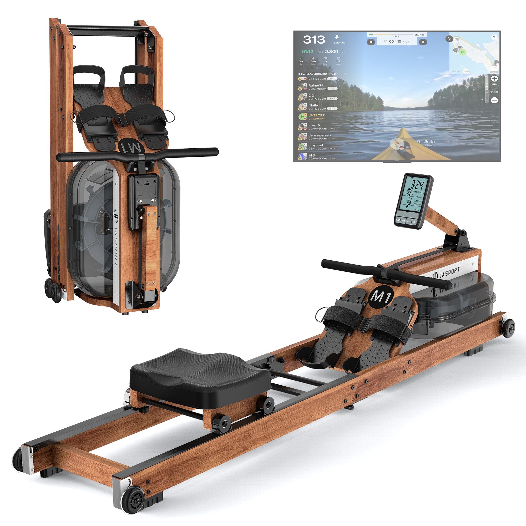 JASPORT Rudergerät M1 Wasserwiderstand aus Holz, klappbar, LCD, für Zuhause, bis 150 kg (Mit Smartphone-/Tablet-Halterung und Transportrollen), FSC-Holz, 20-l-Wassertank, Kinomap, bis 150 kg belastbar