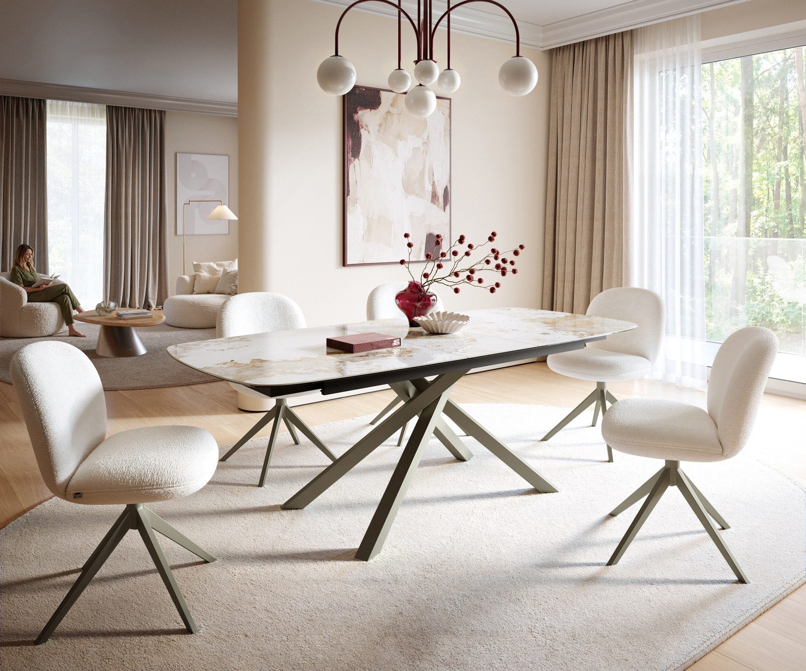 DELIFE Esstisch Edge, Boot 180-220x100 cm Keramik Minas Melange Weiß-Beige Kreuzgestell Rech