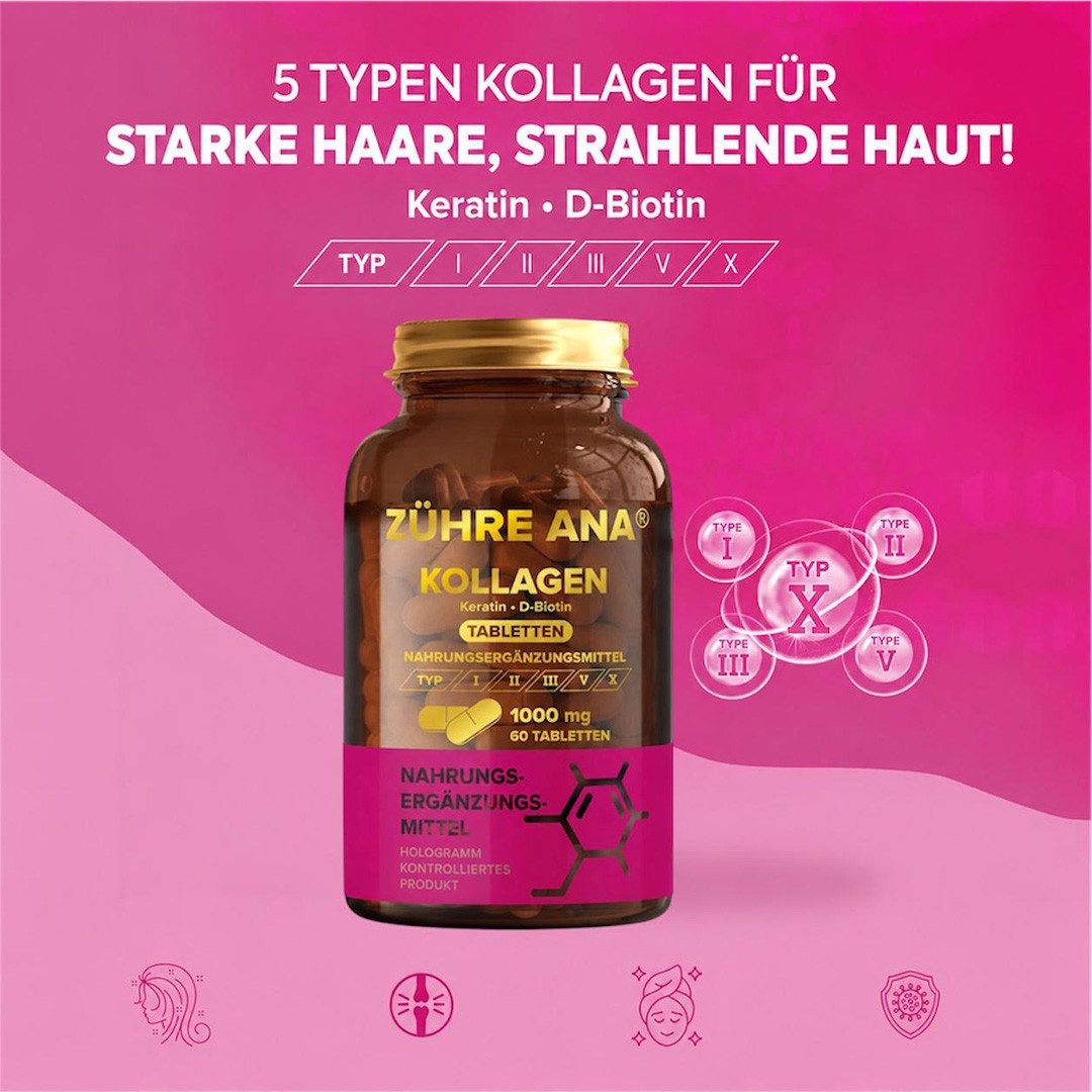 Zühre Ana® Kollagen Tablette-Keratin + D-Biotin, Gesundes Haar, Glänzende Haut Kapseln, 60 St., 60 g, Reichhaltige Kollagenquelle, Keratin-Unterstützung