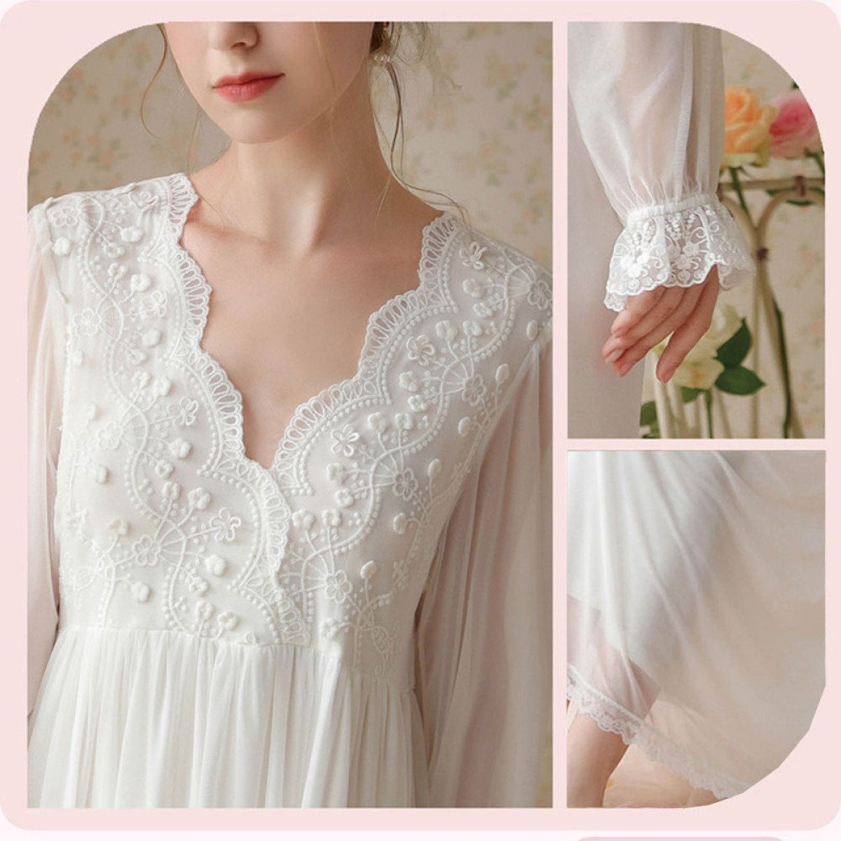 Juoungle Nachthemd Nachthemden für Damen Langes Schlafanzug, Langarm Weiß, Nachthemd M