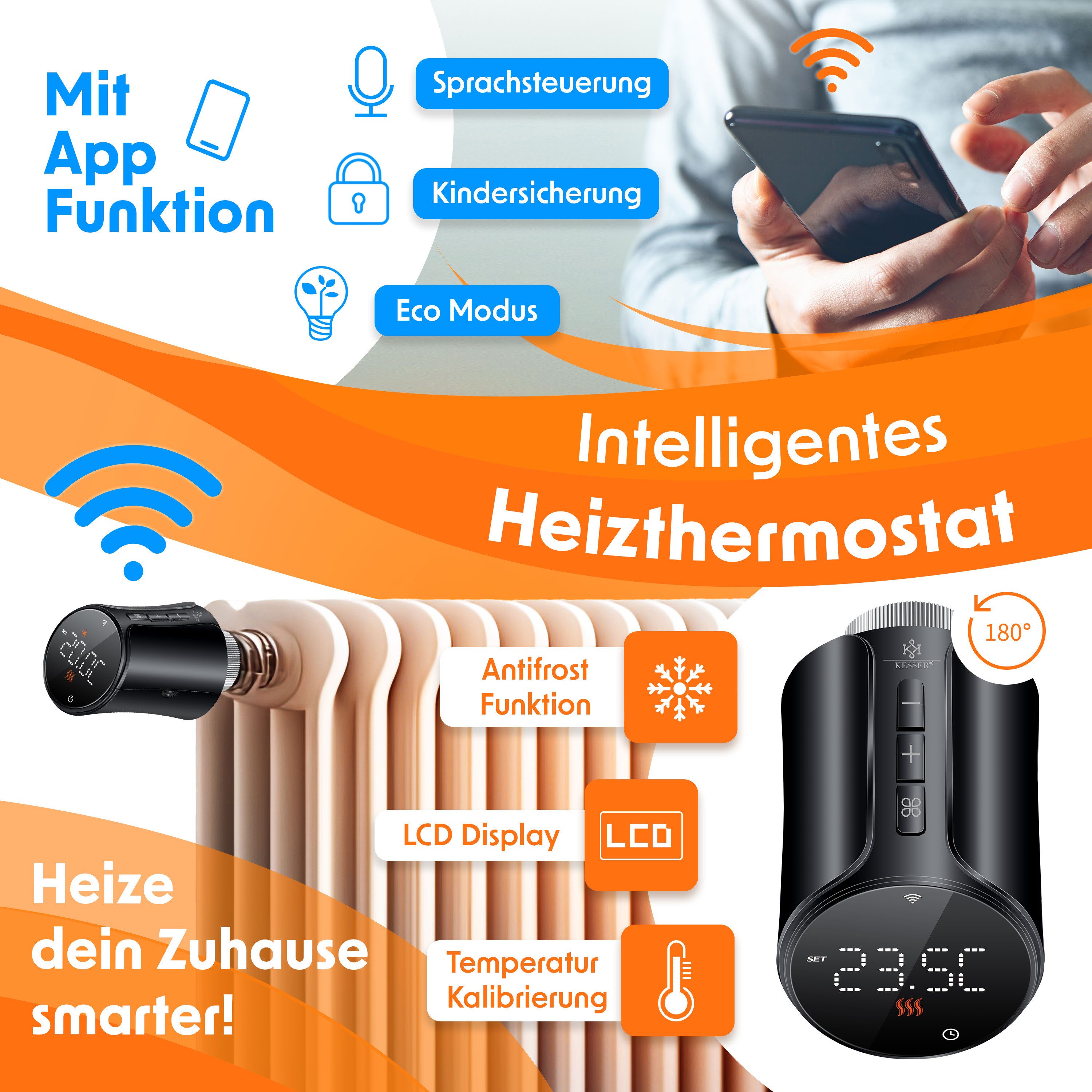 KESSER Heizkörperthermostat, Heizungsregler Smart Home Heizungssteuerung mit WLAN & APP Steuerung
