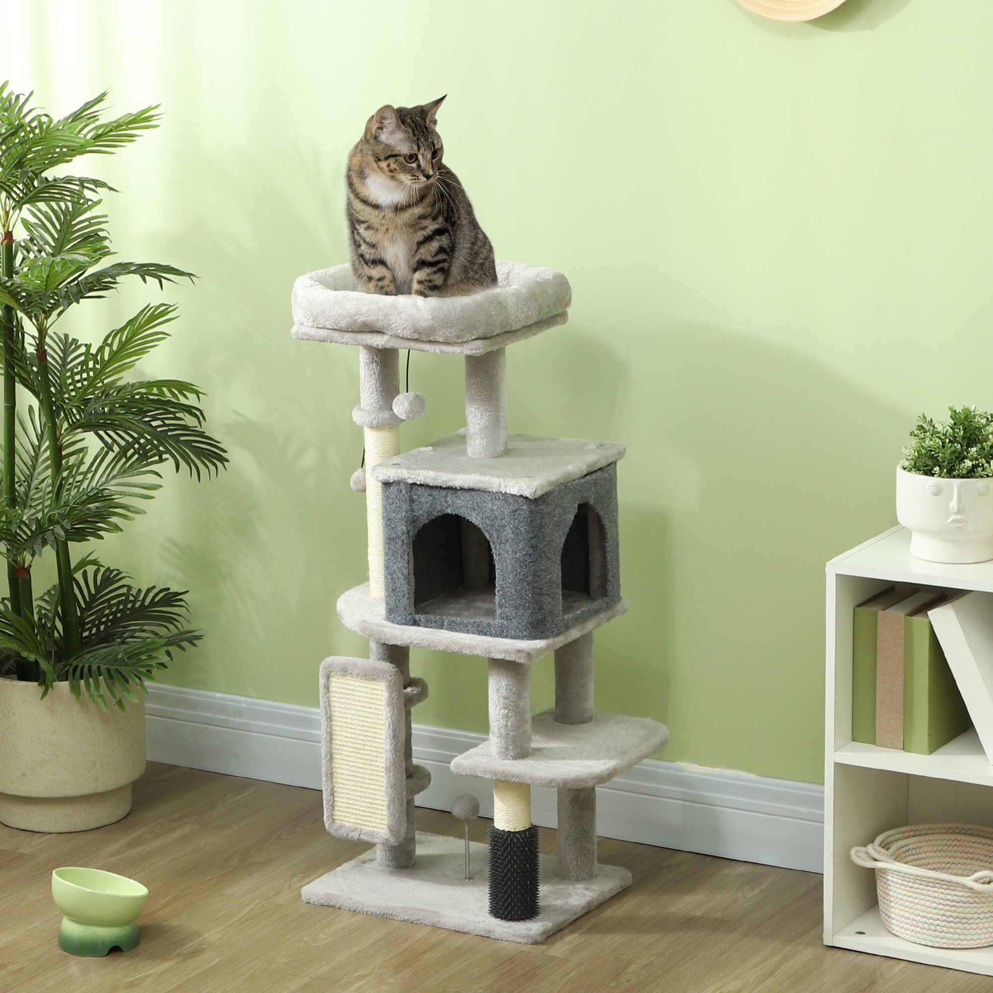 PawHut Kratzbaum Katzenbaum mit Höhle, Bett, Kratzbrett, Plüschbälle, Katzenmöbel, für Katzen bis 5 kg, Hellgrau von PawHut