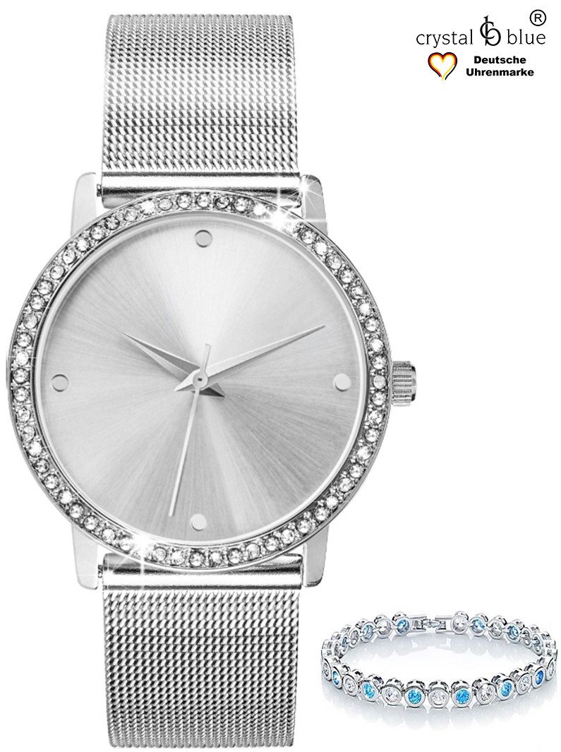 crystal blue Quarzuhr Damenuhr Mesh & Tennisarmband silber mit cubic Zirkonia Kristallen, kostenlose Lieferung
