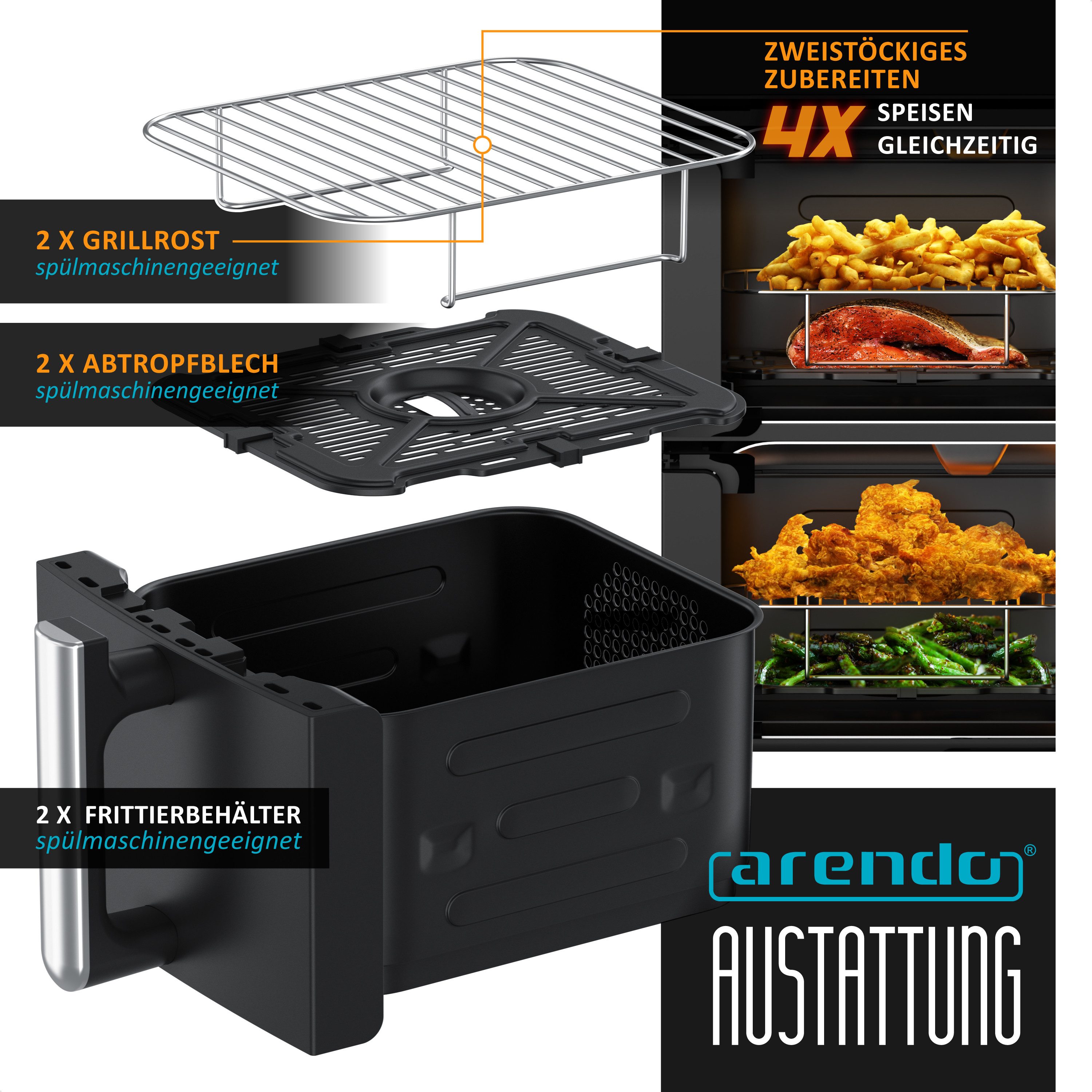 Arendo Heißluftfritteuse mit 2 Kammern Übereinander, XXL Doppelkammer Airfryer 11L, Dual Zone, 2400 W, mit Zubehör, Umluft Backofen, Edelstahl, fettarmes gesundes Kochen