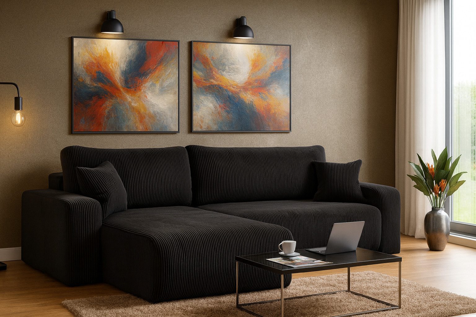 M-Punkt24 Ecksofa LYON, mit Bettfunktion – Feiner Cord Stoff – HR Schaum RG30 – Rundes Design – Universell rechts & links stellbar