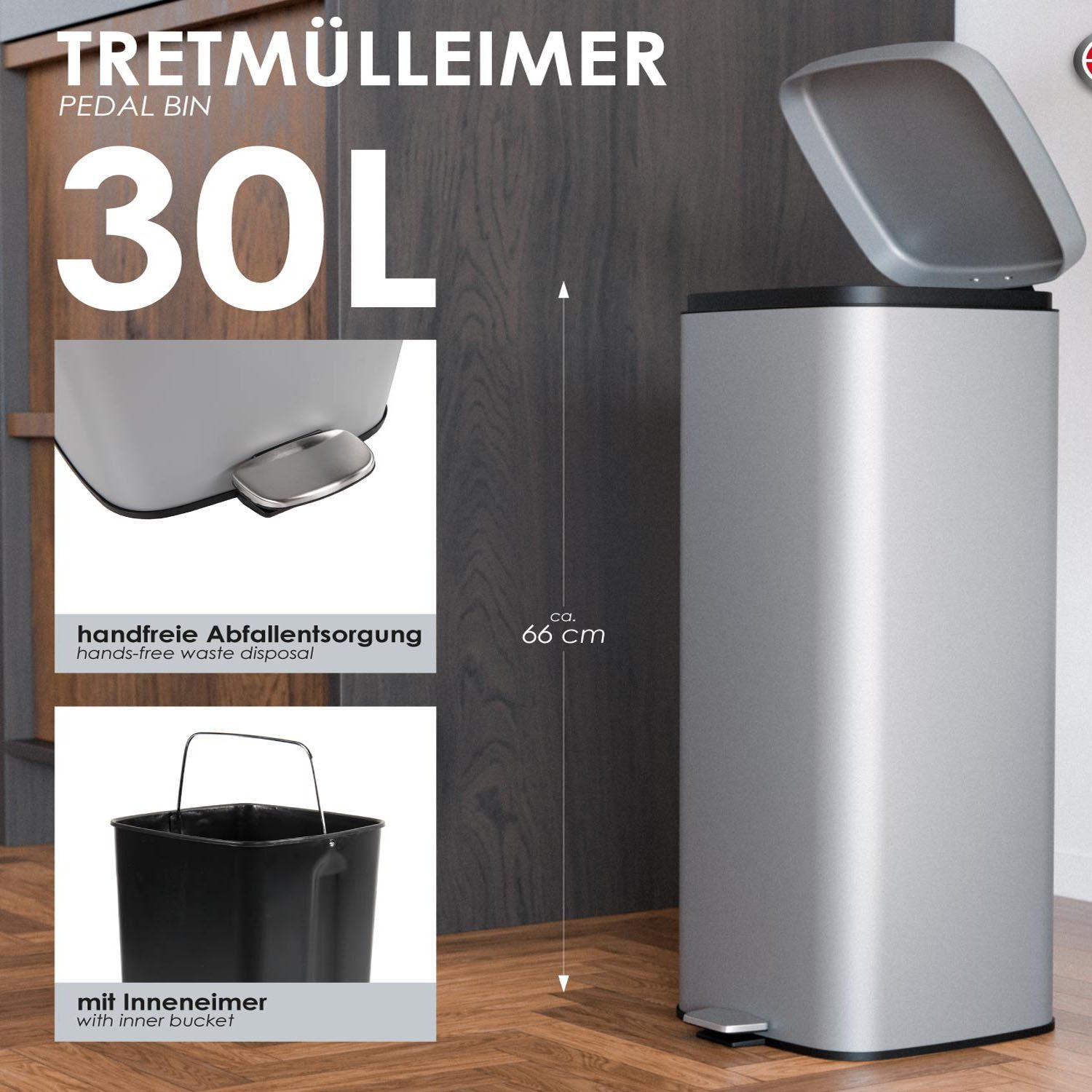 Mojawo Aschenbecher Metall Mülleimer Treteimer Abfalleimer Tretmülleimer 30L Grau