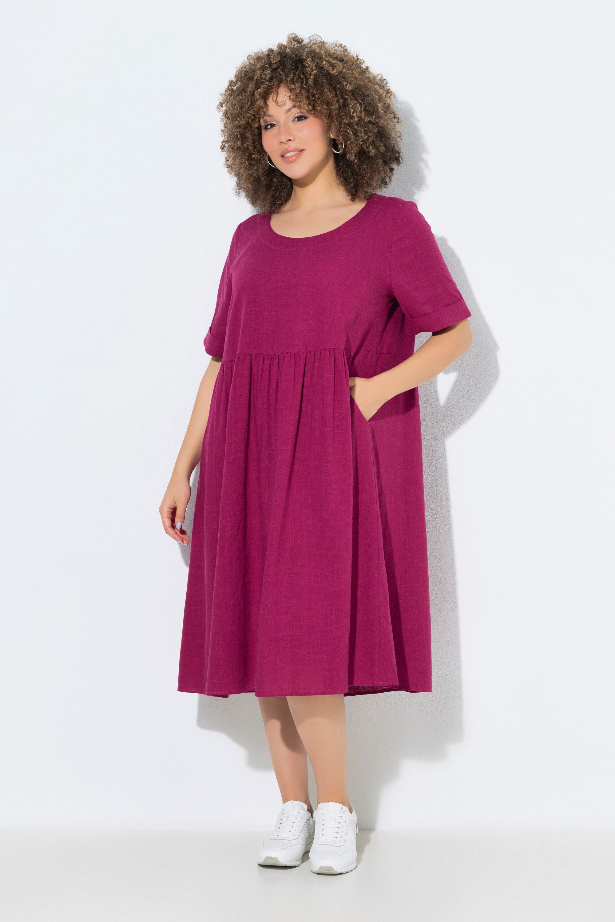 Ulla Popken Jerseykleid Kleid Leinenmix A-Linie Rundhals Halbarm