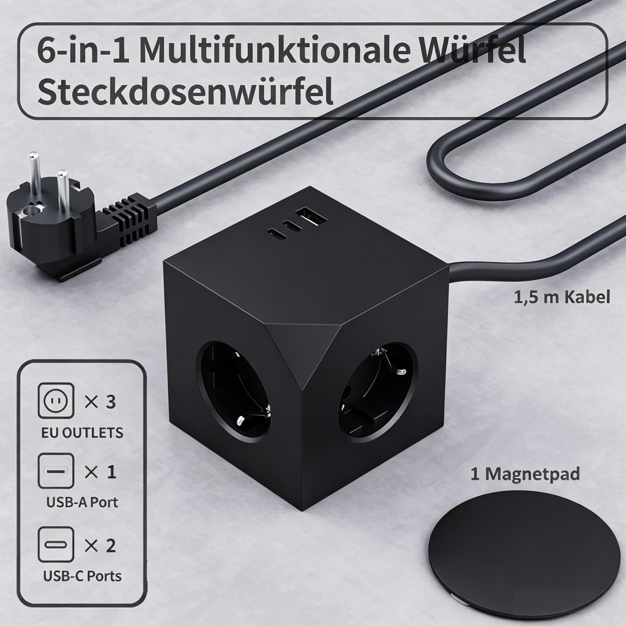 Fyrove Mehrfachsteckdose Würfel mit Magnetpad PD20W 6in1 Mehrfachsteckdose Mehrfachsteckdose 6-fach (3680W 16A,USB PD20W, USB-Anschlüsse, Kinderschutz, Überlastschutz, Überspannungsschutz, Blitzschutz, Kurzsichlussschutz), mit USB Typ-C,Steckdosenleiste für Küche Büro Schlafzimmer Wohnzimmer