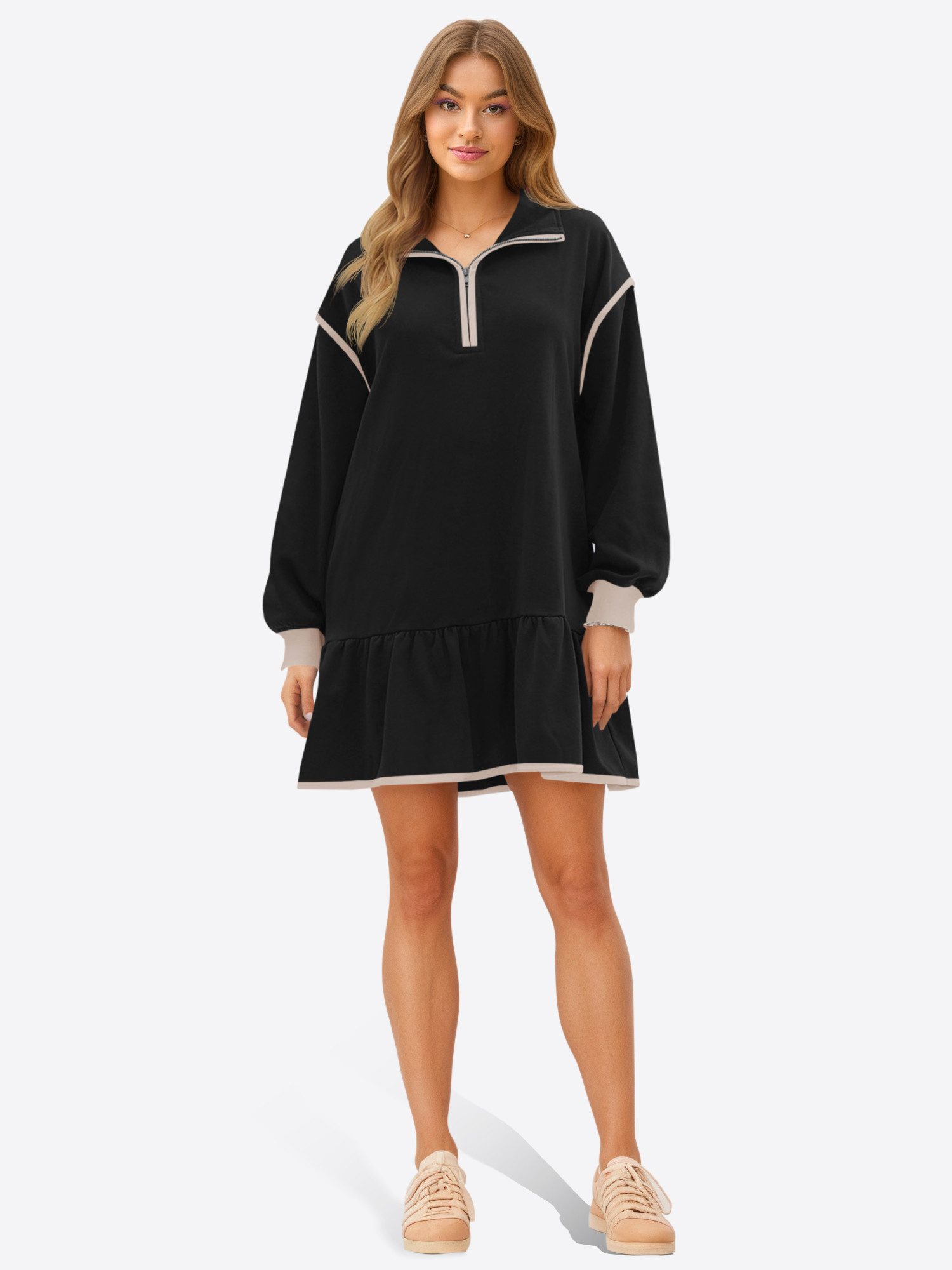 Imily Bela Minikleid Damen Langarm Casual mit Halb-Reißverschluss Kontrastnähten (Packung, 1-tlg., 1per-Pack) mit Ballonärmel Rüschensaum – Bild 3 von 5