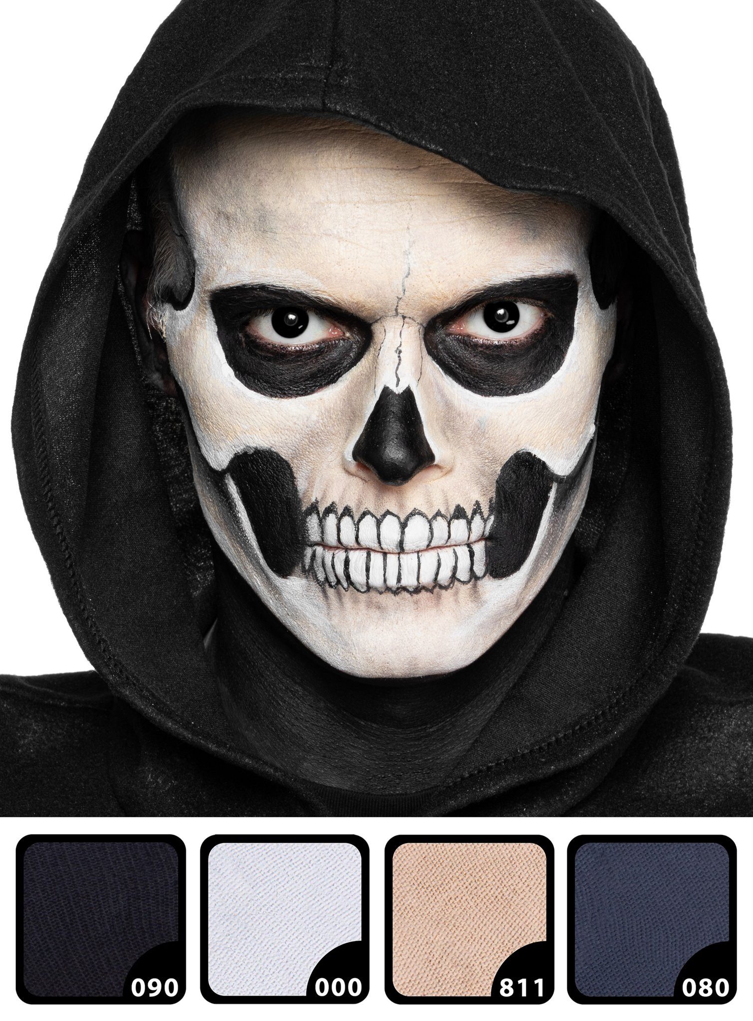 Maskworld Theaterschminke Make-up Set Totenkopf, Halloween Schminkset mit optimal aufeinander abgestimmten Komponenten
